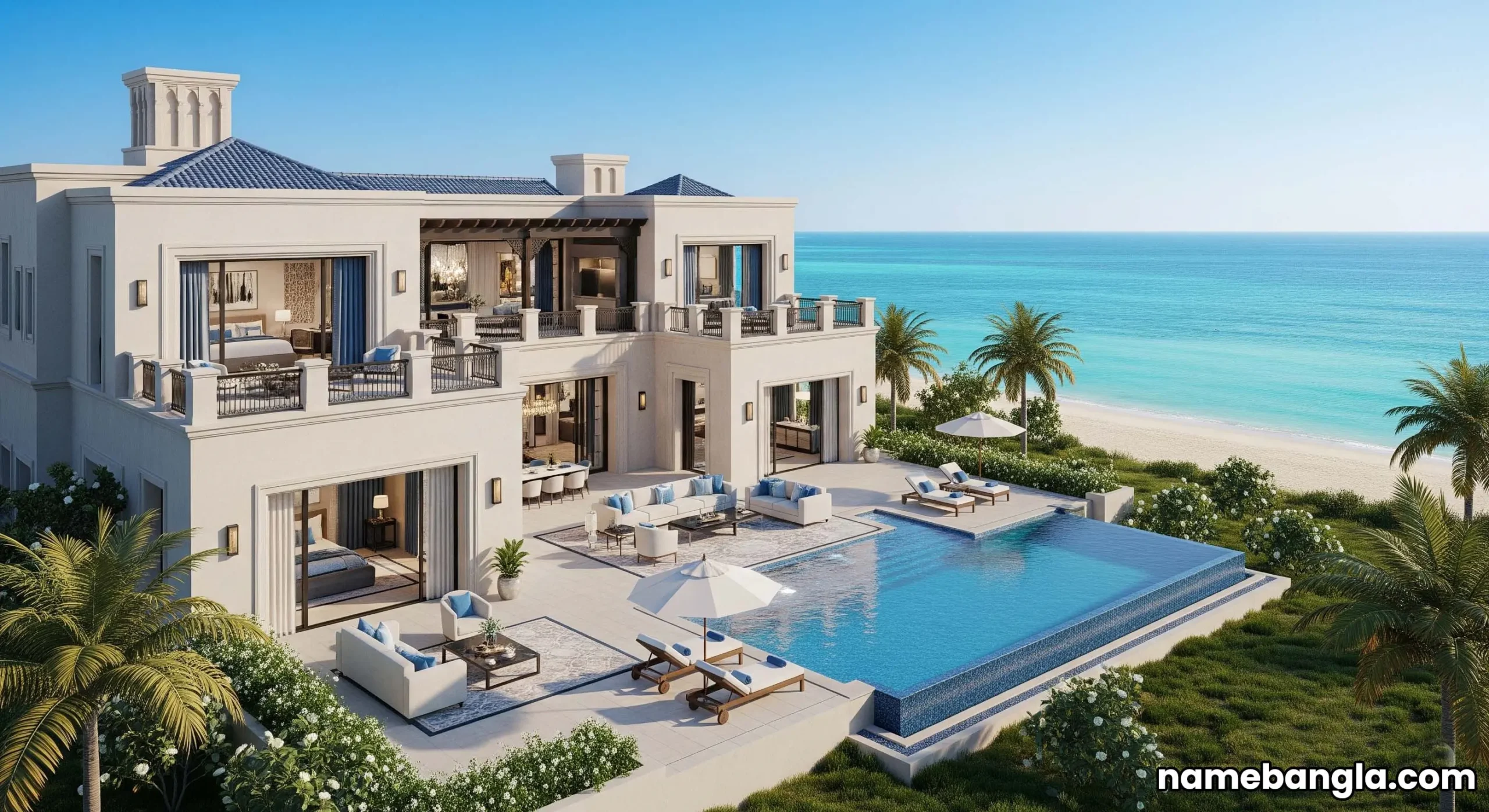 Luxurious private villa with infinity pool overlooking beach, ideal for ultra-luxury hotel bookings UAE.