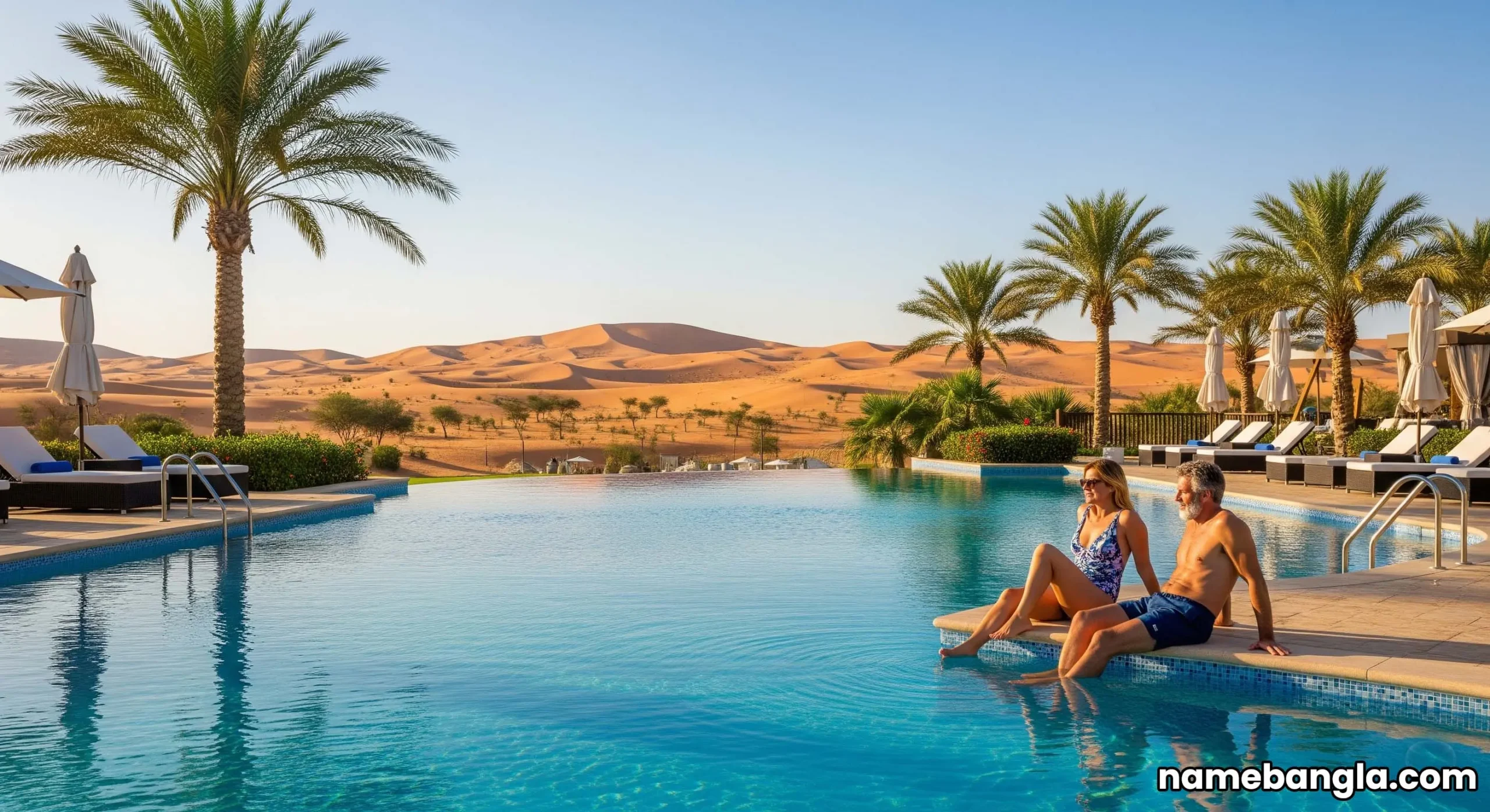 Luxurious resort swimming pool with a view of desert dunes, showing an elegant couple relaxing.