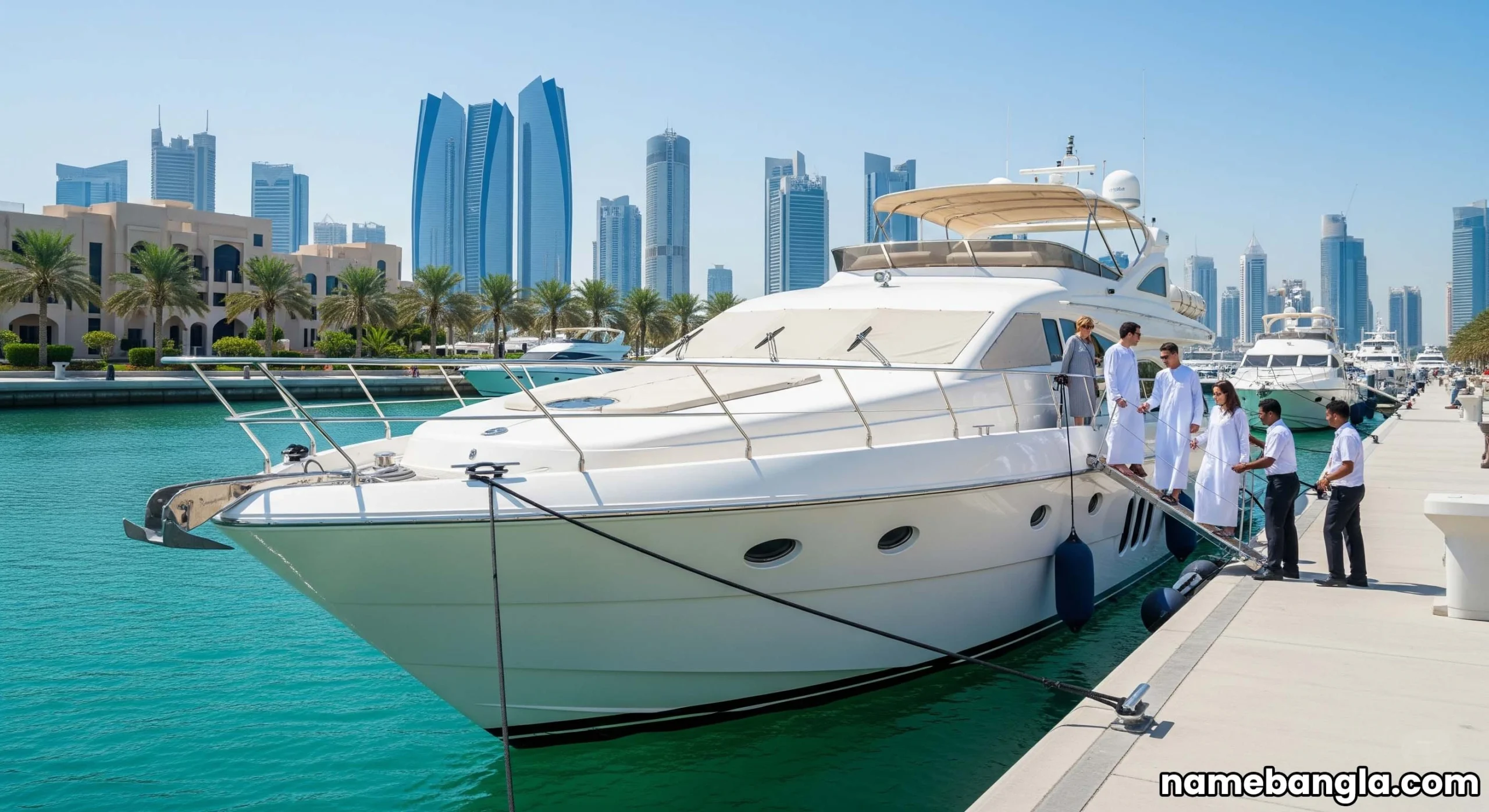 Luxury yacht docked at a private marina in Abu Dhabi, ready for a high-end tour.