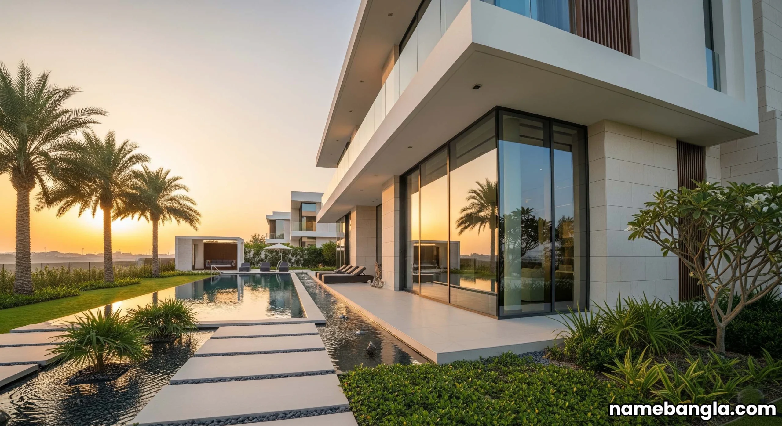 Modern luxury villa exterior in Dubai at sunset, showing contemporary design and a private garden area.