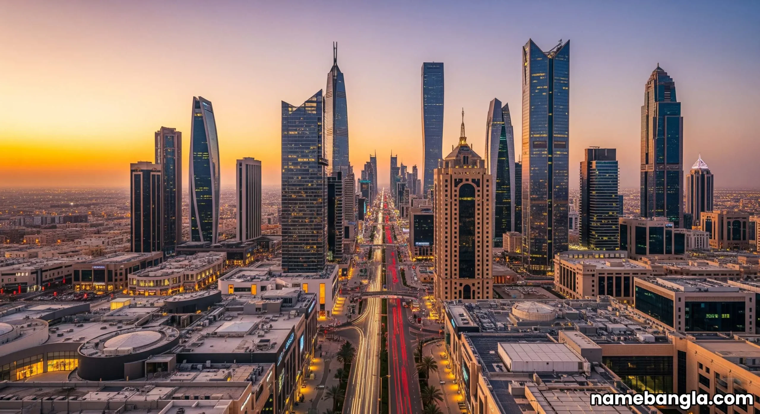 Modern skyline of Riyadh at sunset, showing new luxury developments and vibrant city lights, representing Vision 2030's impact on tourism and Riyadh's Unrivaled 5-Star Sanctuaries.