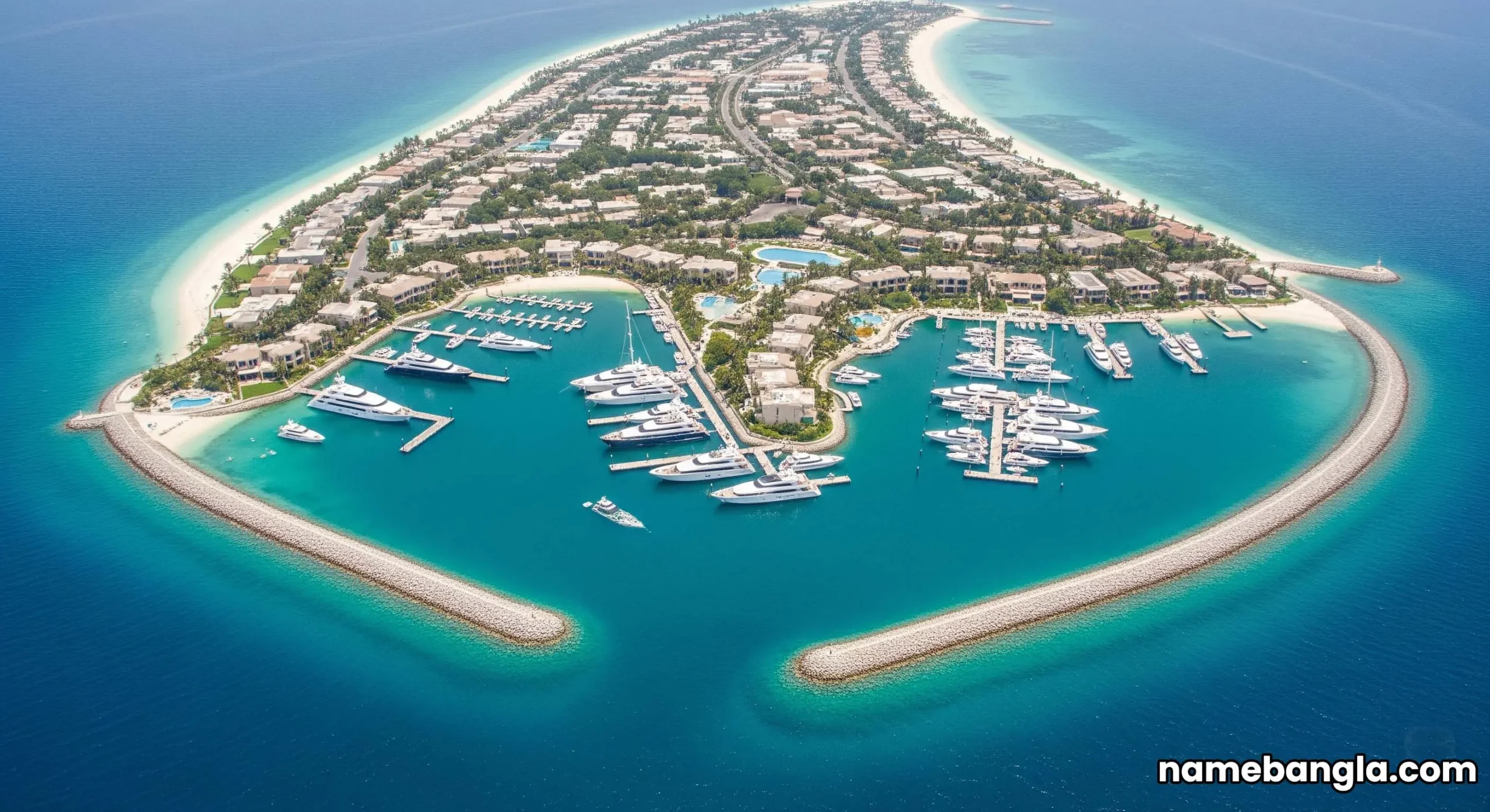 NEOM luxury hotel booking: Aerial view of Sindalah Island marina with luxury yachts.