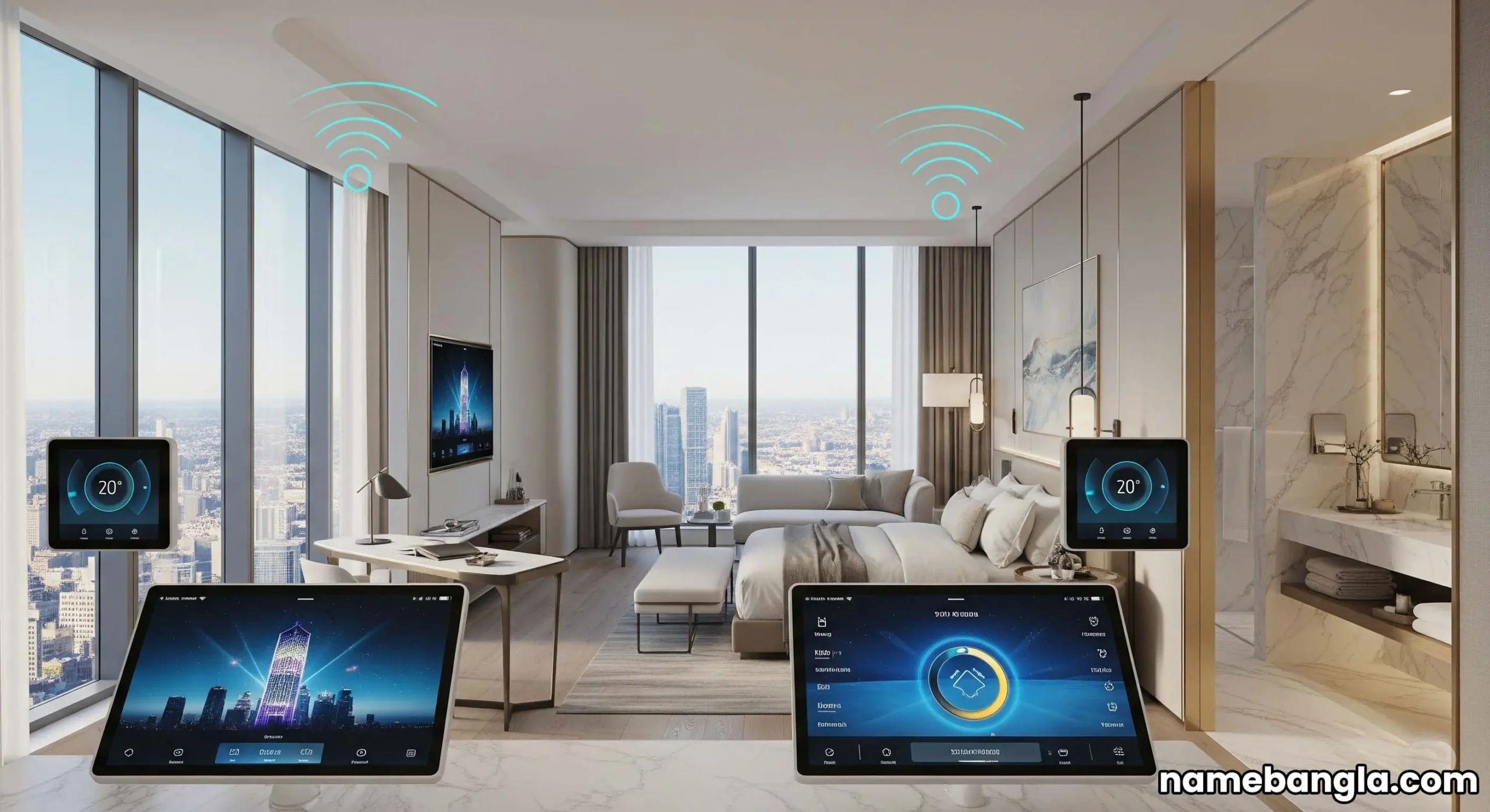 NEOM luxury hotel booking: Inside an elite hotel suite in The Line, with smart technology.