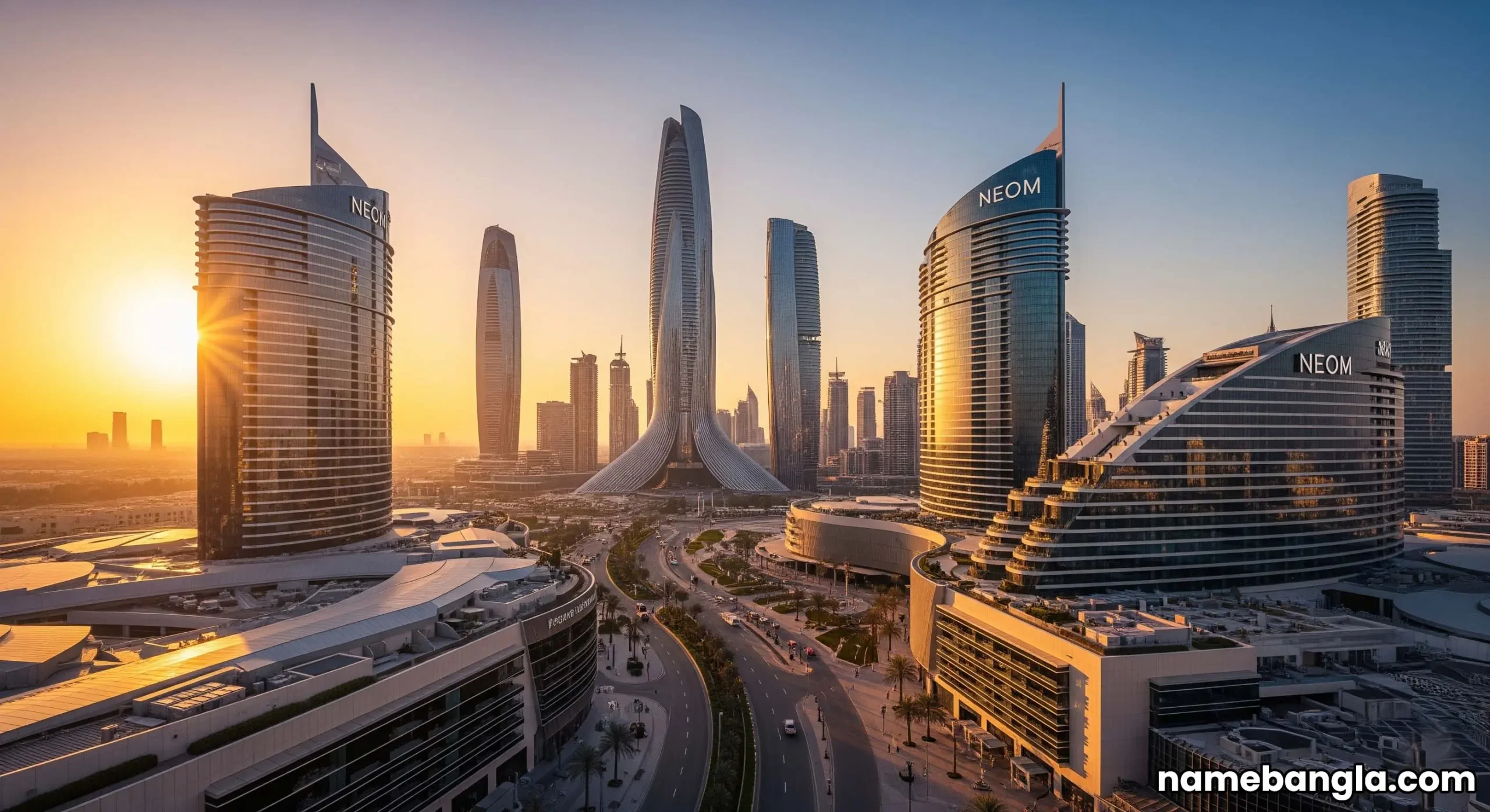 NEOM luxury hotel booking: Stunning ultra-modern NEOM skyline at sunset.