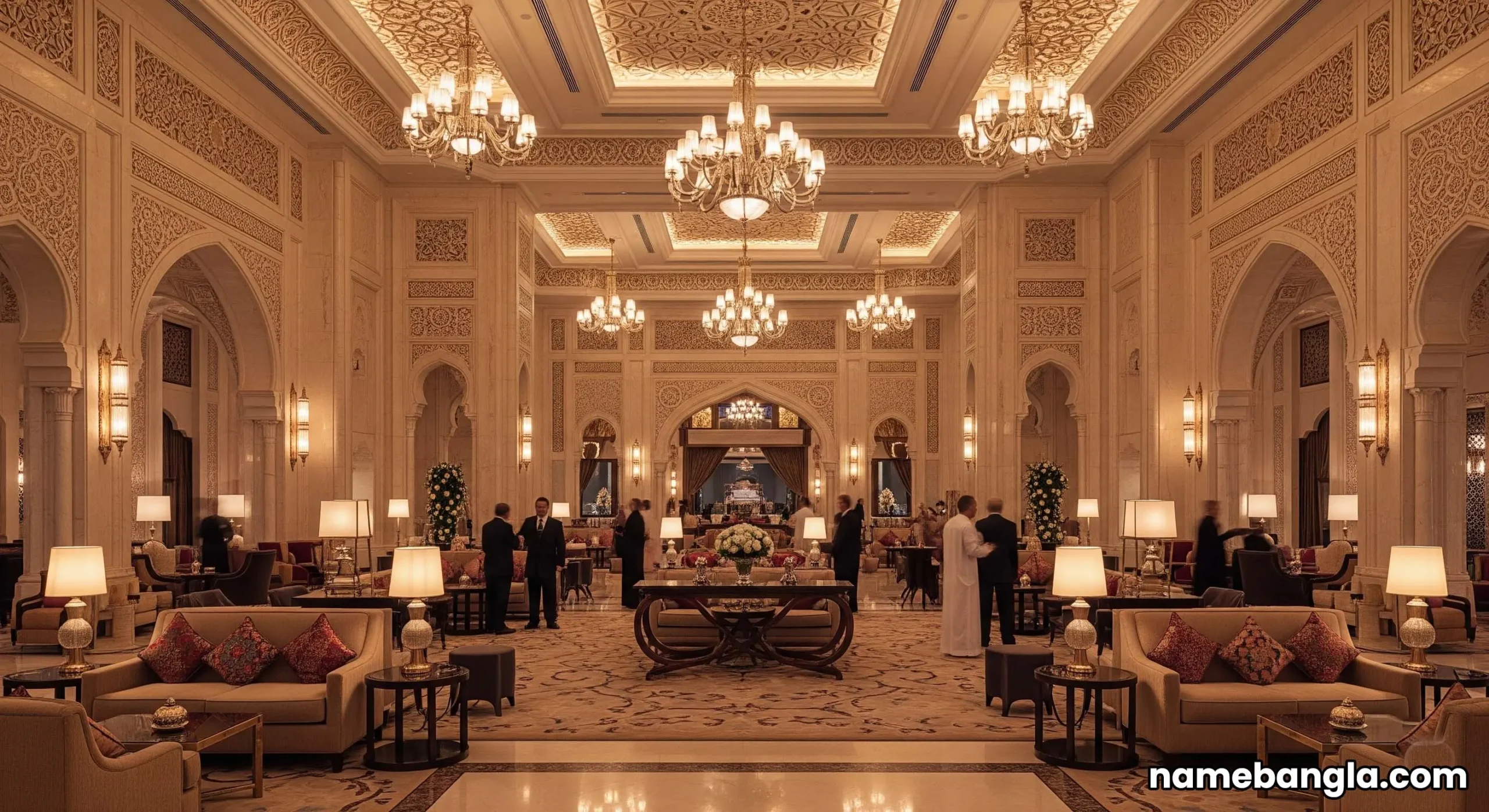 Opulent Abu Dhabi hotel lobby with intricate Arabian designs and soft lighting, signaling luxury.