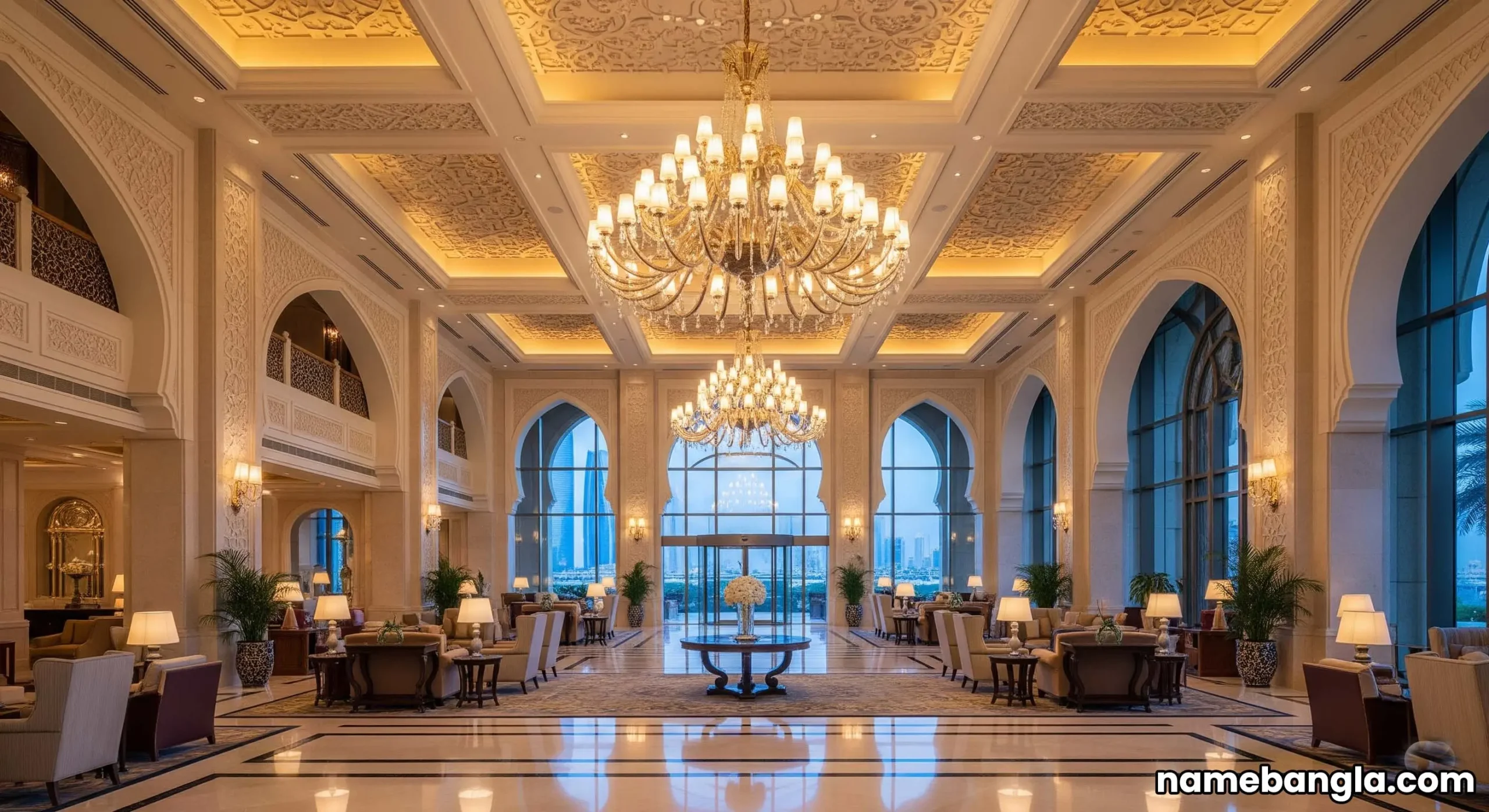 Opulent Abu Dhabi resort lobby with grand chandeliers and marble floors, showcasing luxury and grandeur.