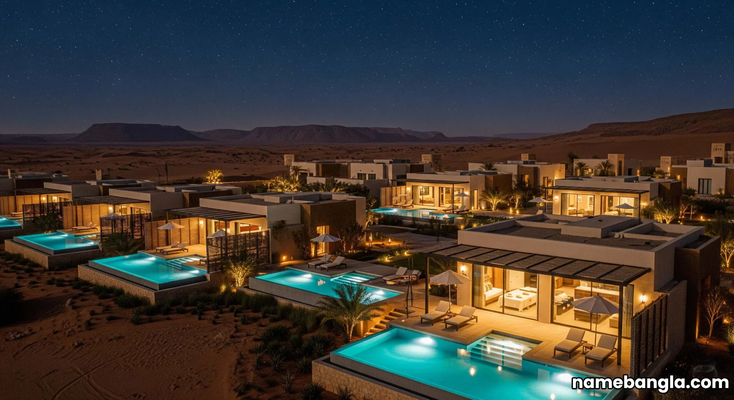 Opulent AlUla 5-star resort under starry sky with modern luxury design, showcasing glowing pools and private villas.