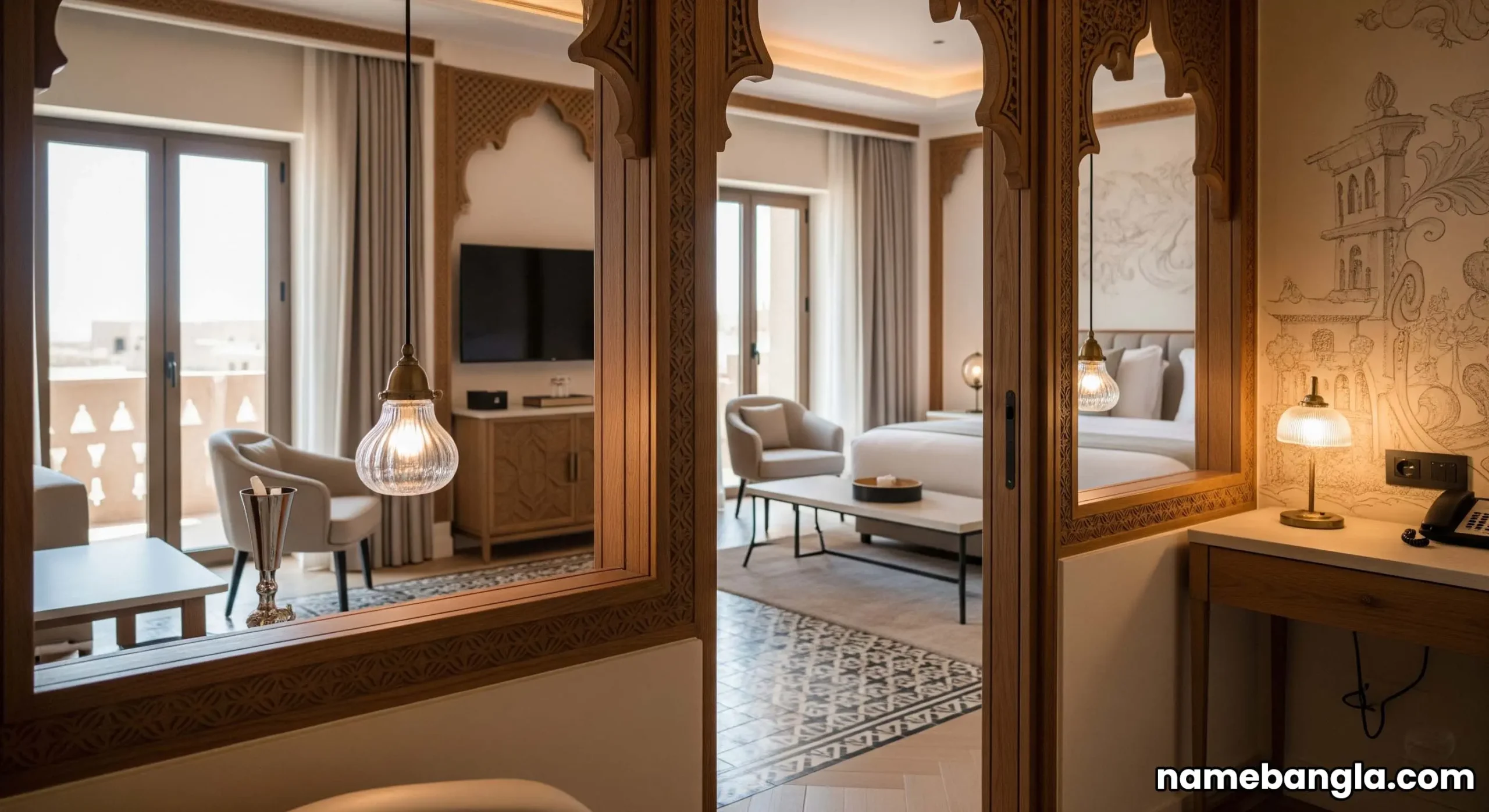 Opulent AlUla boutique hotel room interior with traditional Saudi elements and modern design.