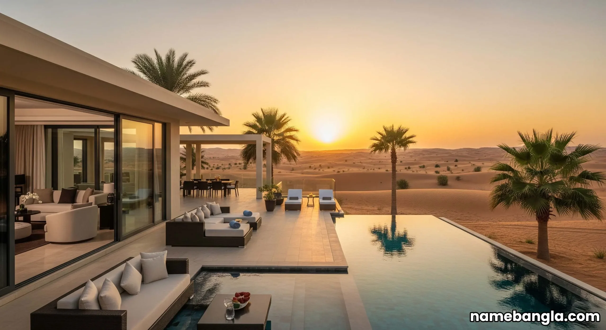Opulent Dubai desert resort villa with private pool overlooking vast golden dunes at sunset.