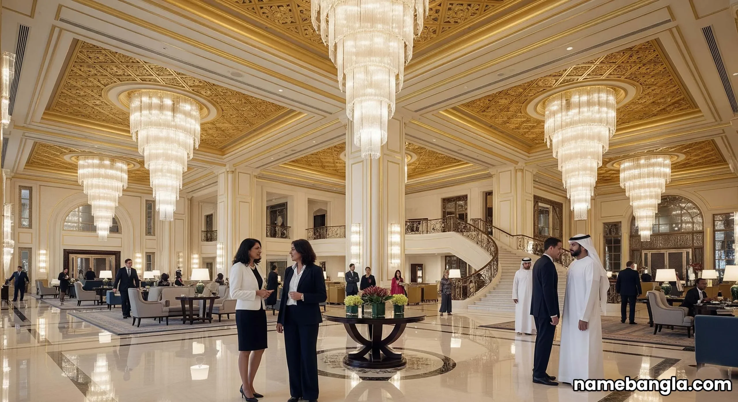 Opulent Dubai hotel lobby with crystal chandeliers for ultra-luxury hotel bookings UAE.