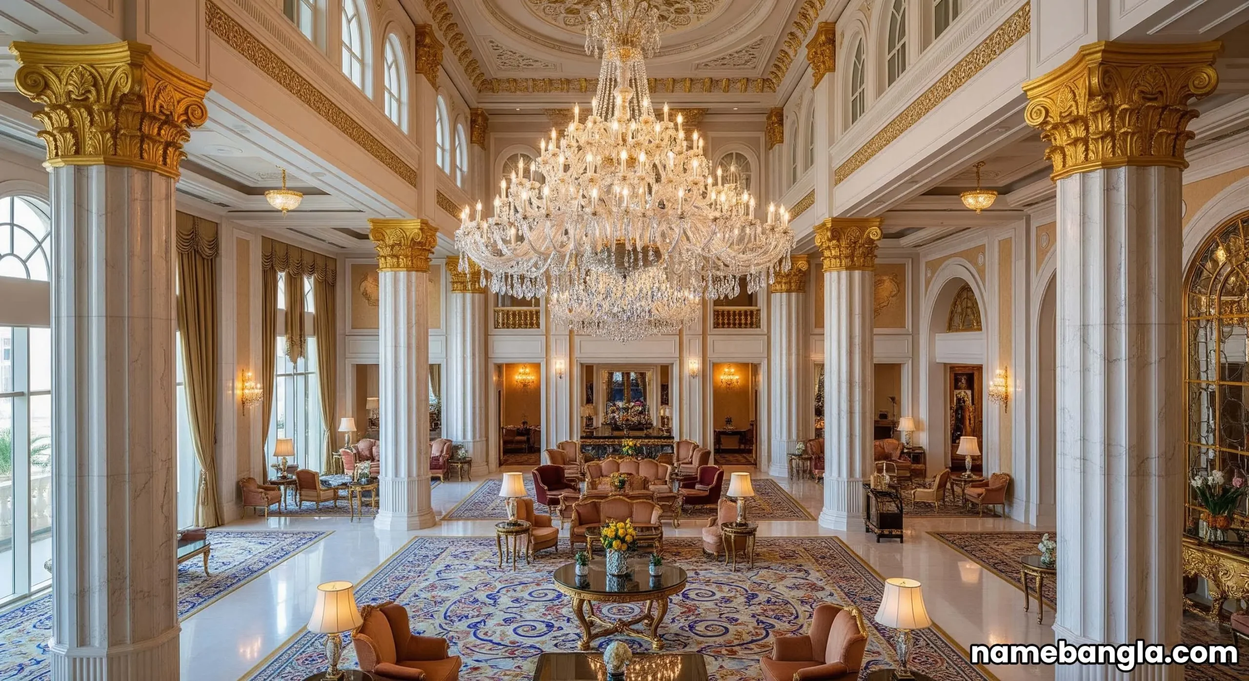 Opulent Dubai hotel lobby with crystal chandeliers, signaling luxury.