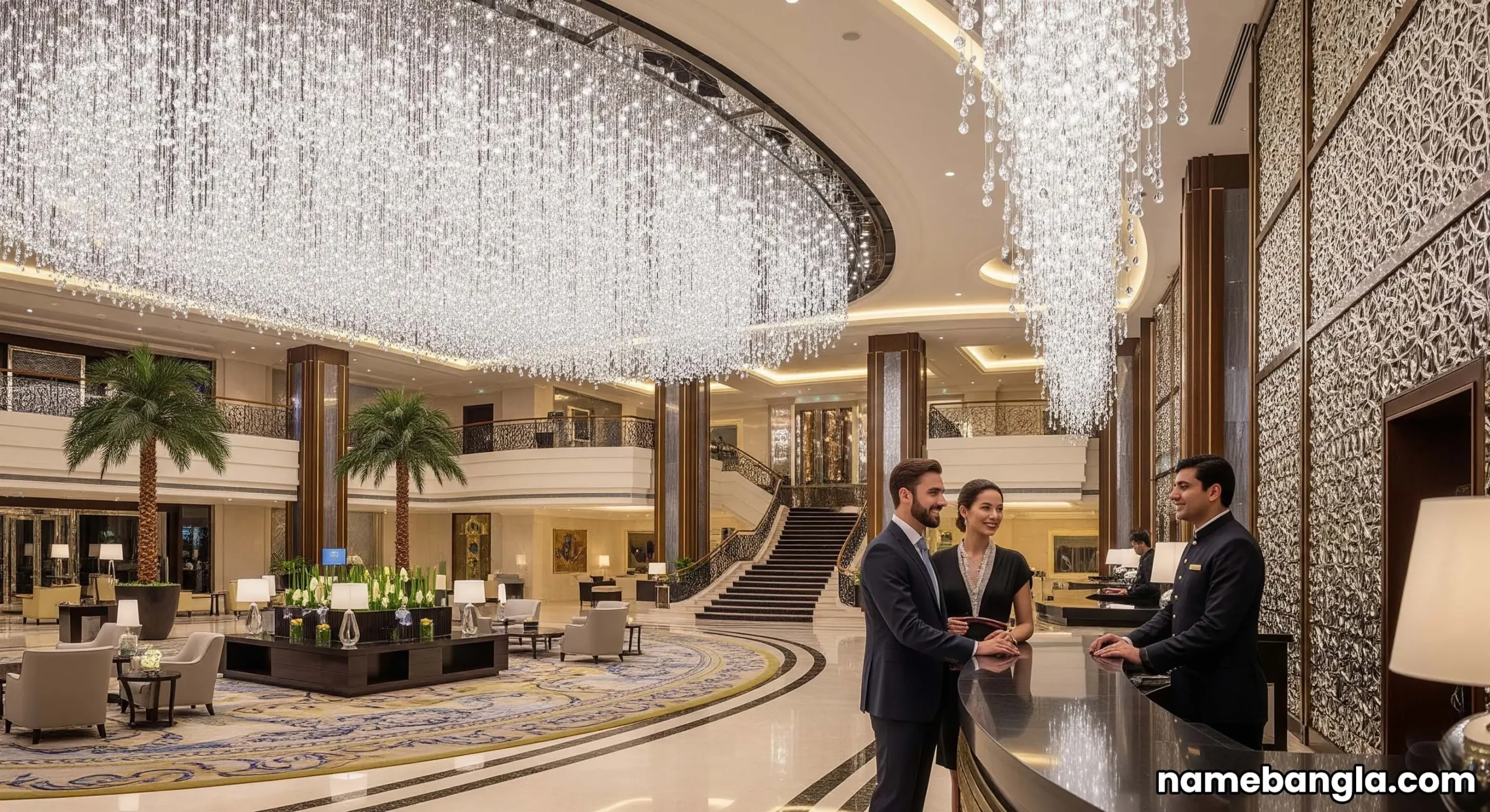 Opulent Dubai hotel lobby with crystal chandeliers, symbolizing exclusive 5-star hotel deals.