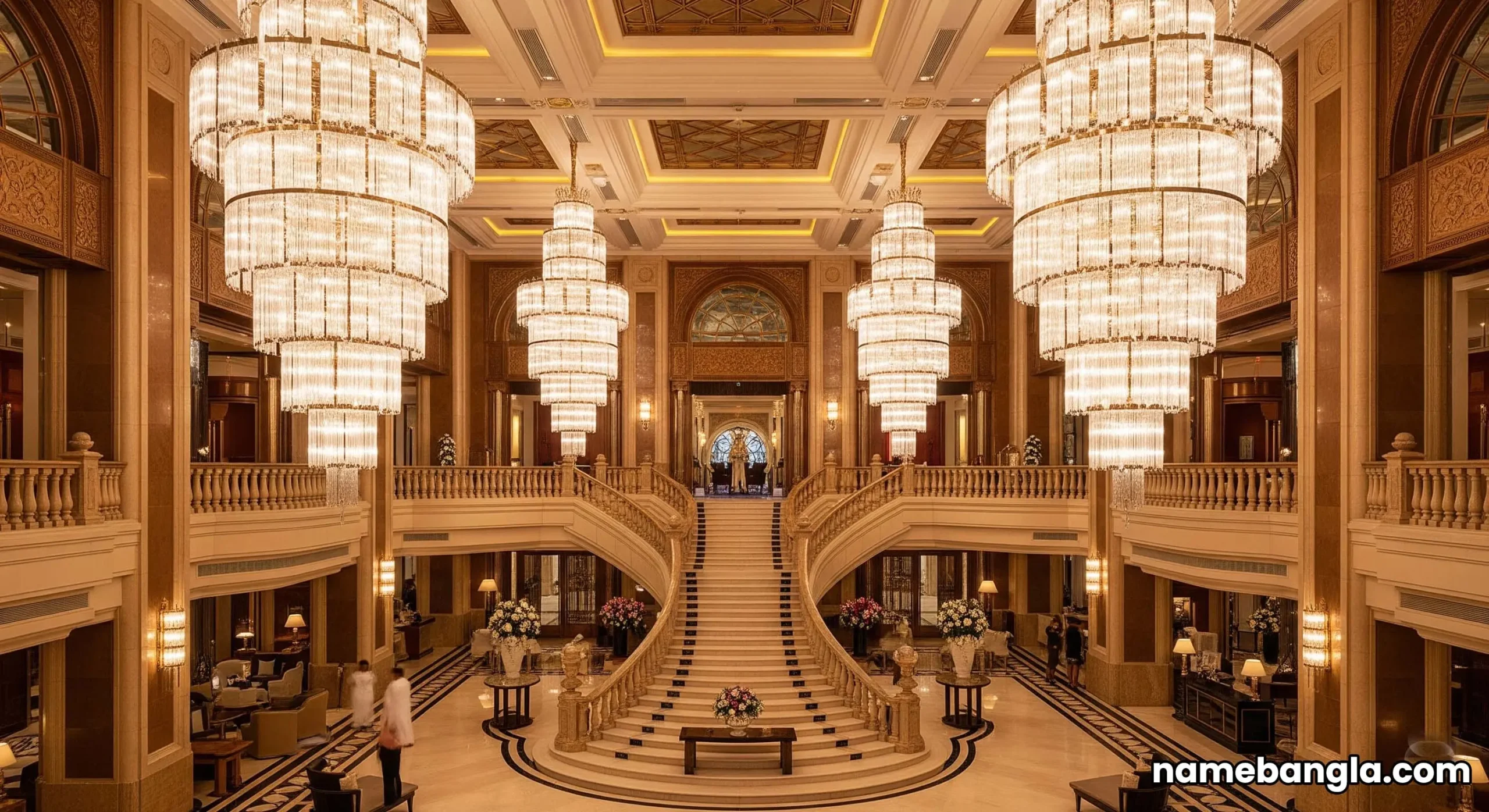 Opulent Dubai hotel lobby with crystal chandeliers, symbolizing ultra-luxury hotel bookings.