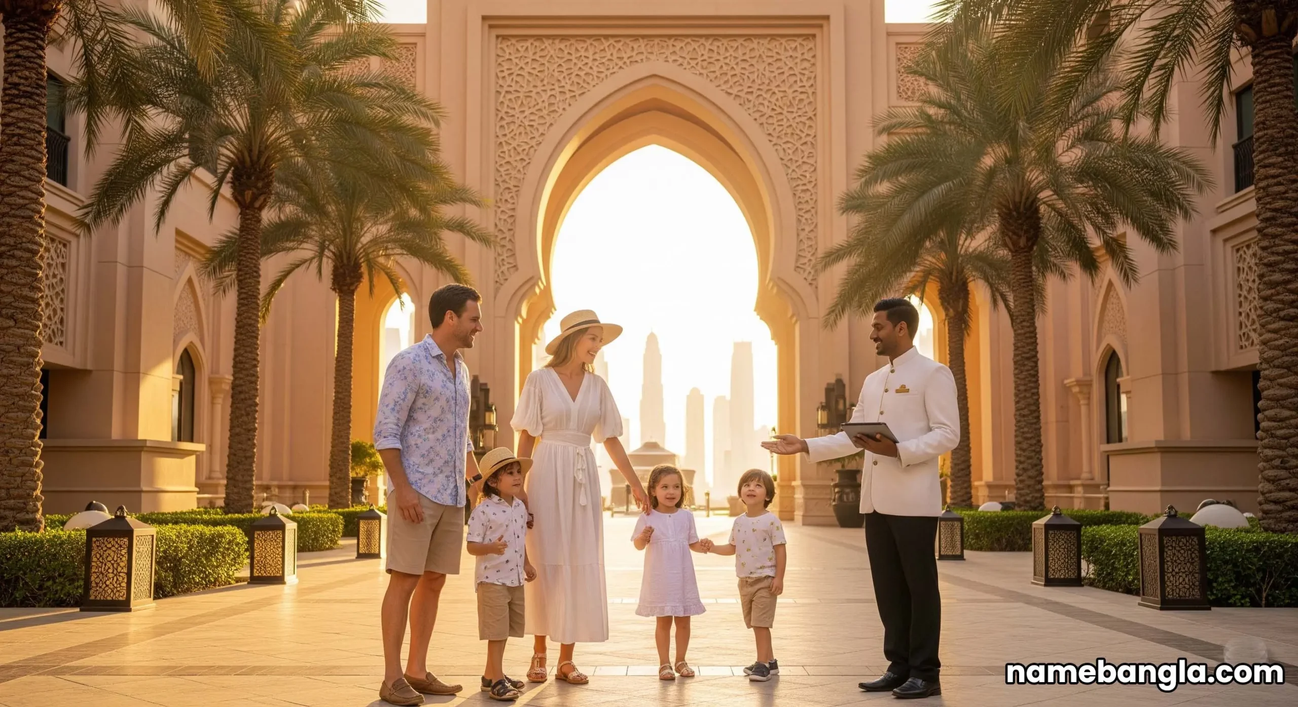 Opulent Dubai resort entrance with family and concierge welcoming guests, signaling luxury.