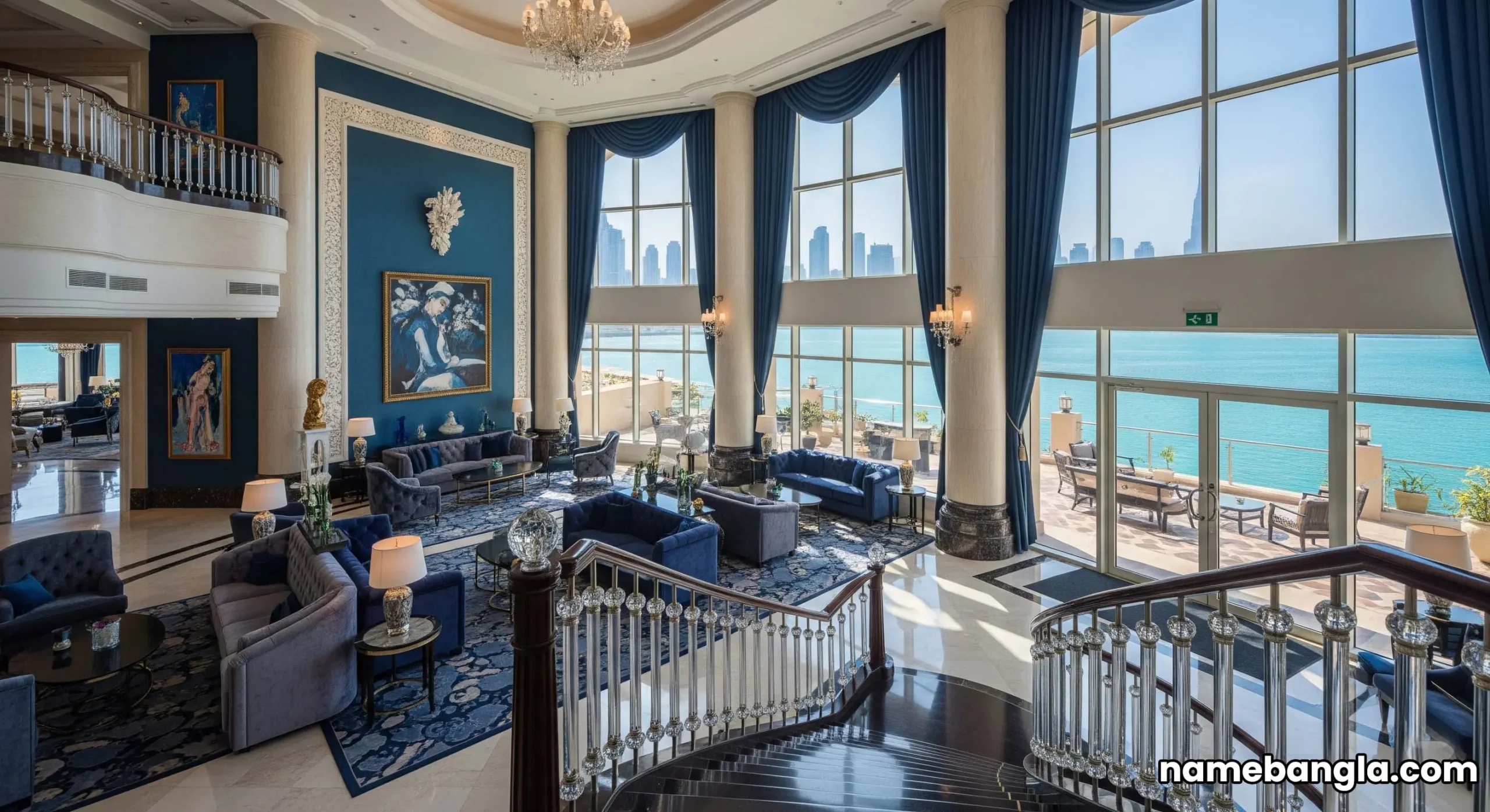 Opulent Dubai waterfront luxury resort lobby with panoramic sea views and high-end decor, signaling elite stays.