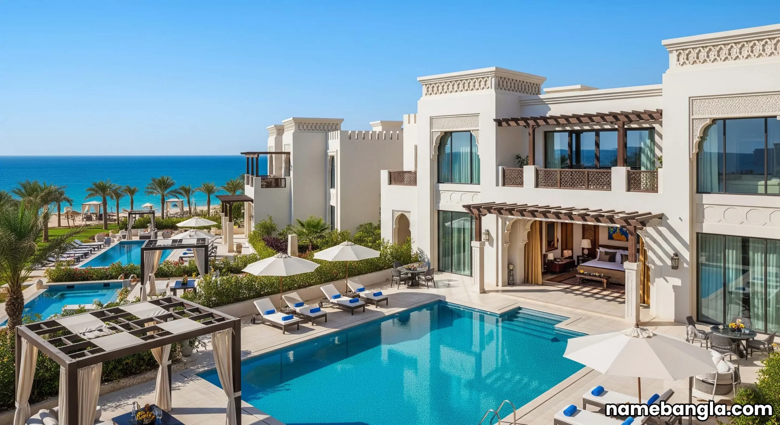 Opulent Jeddah beach resort with private pool villa and Red Sea view, signaling luxury travel.