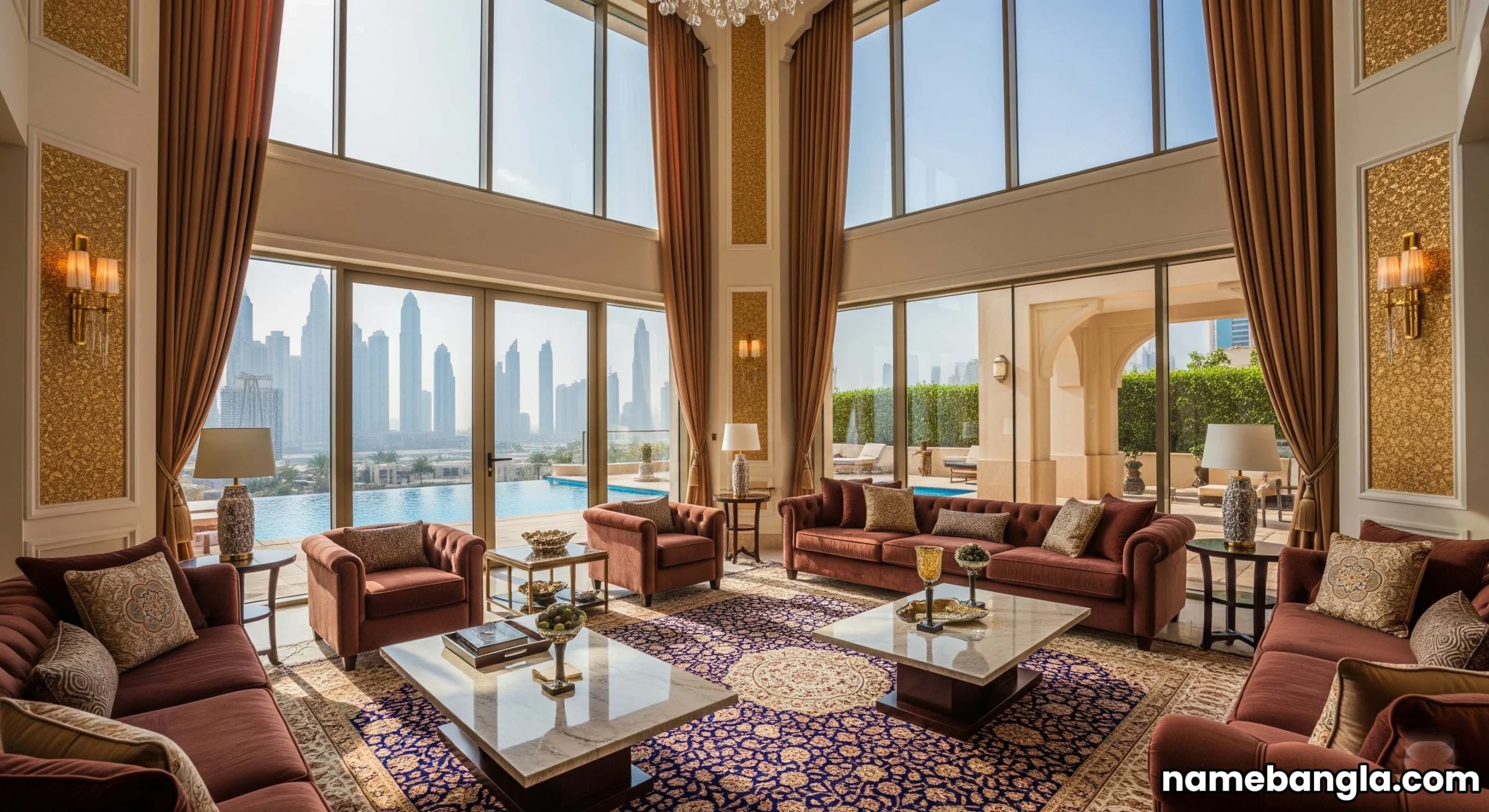 Opulent living room of a luxury private villa in Dubai with a cityscape and private pool view.