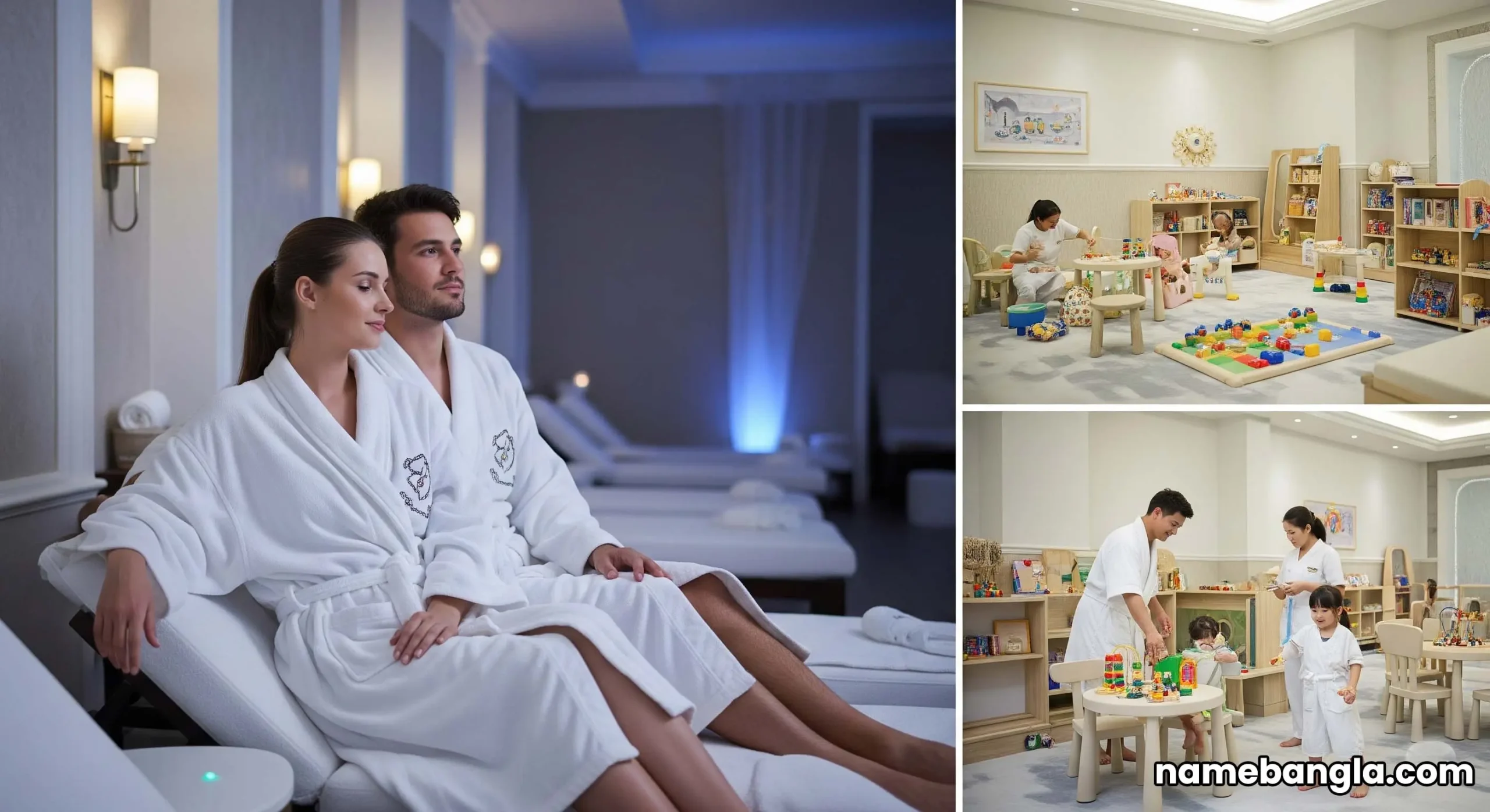 Parents relaxing at a luxurious spa while children are engaged in a high-end kids' club activity.