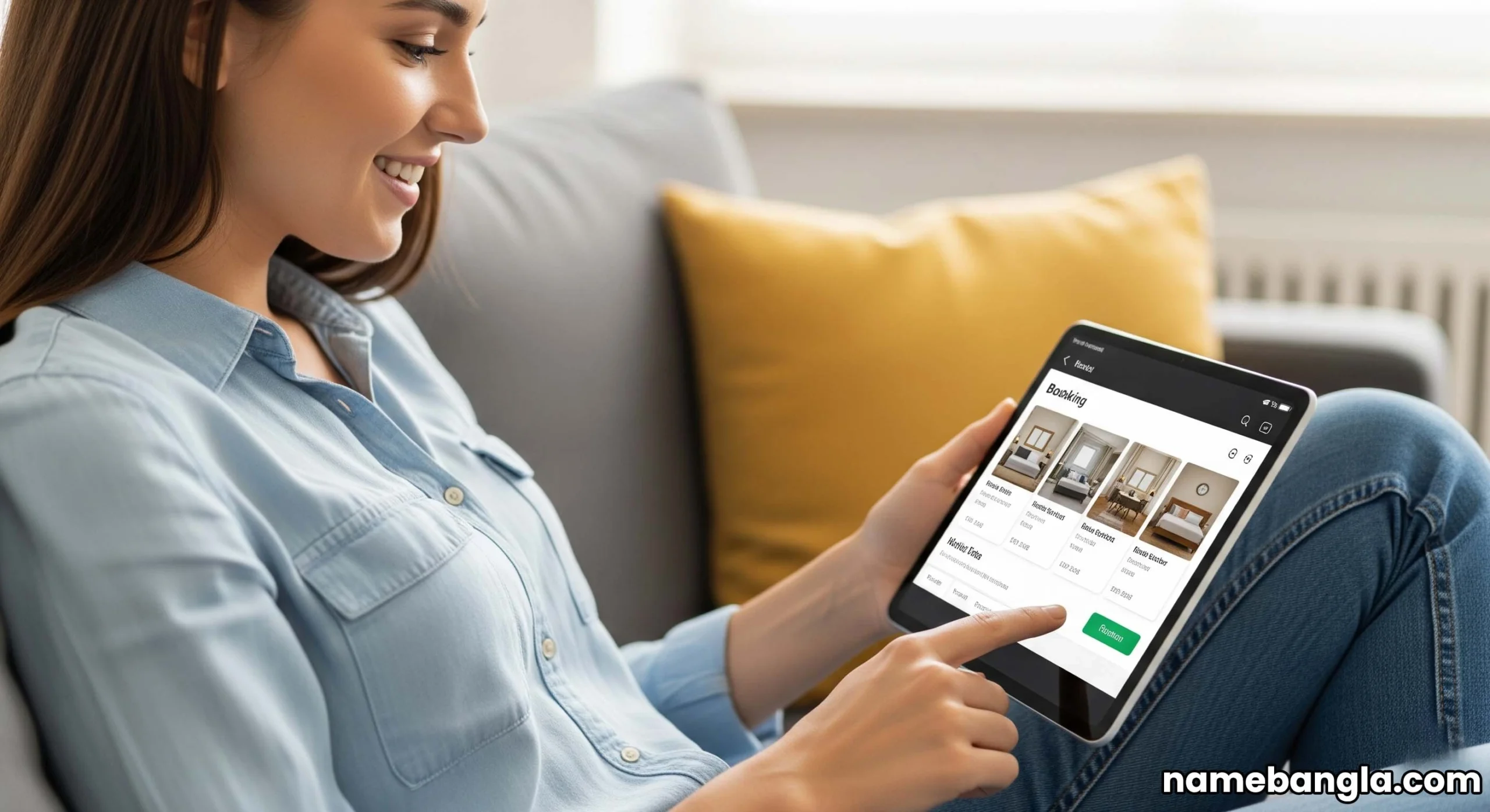 Person happily using a tablet to book a hotel room, focus on ease of use for luxury hotel booking.