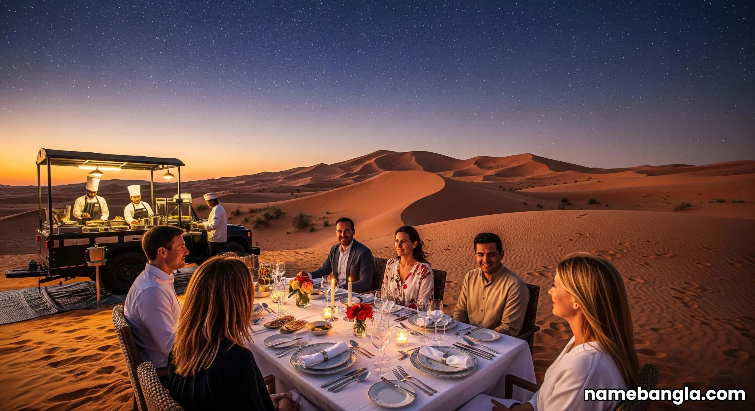 Private desert safari with gourmet dining, indicating premium travel.