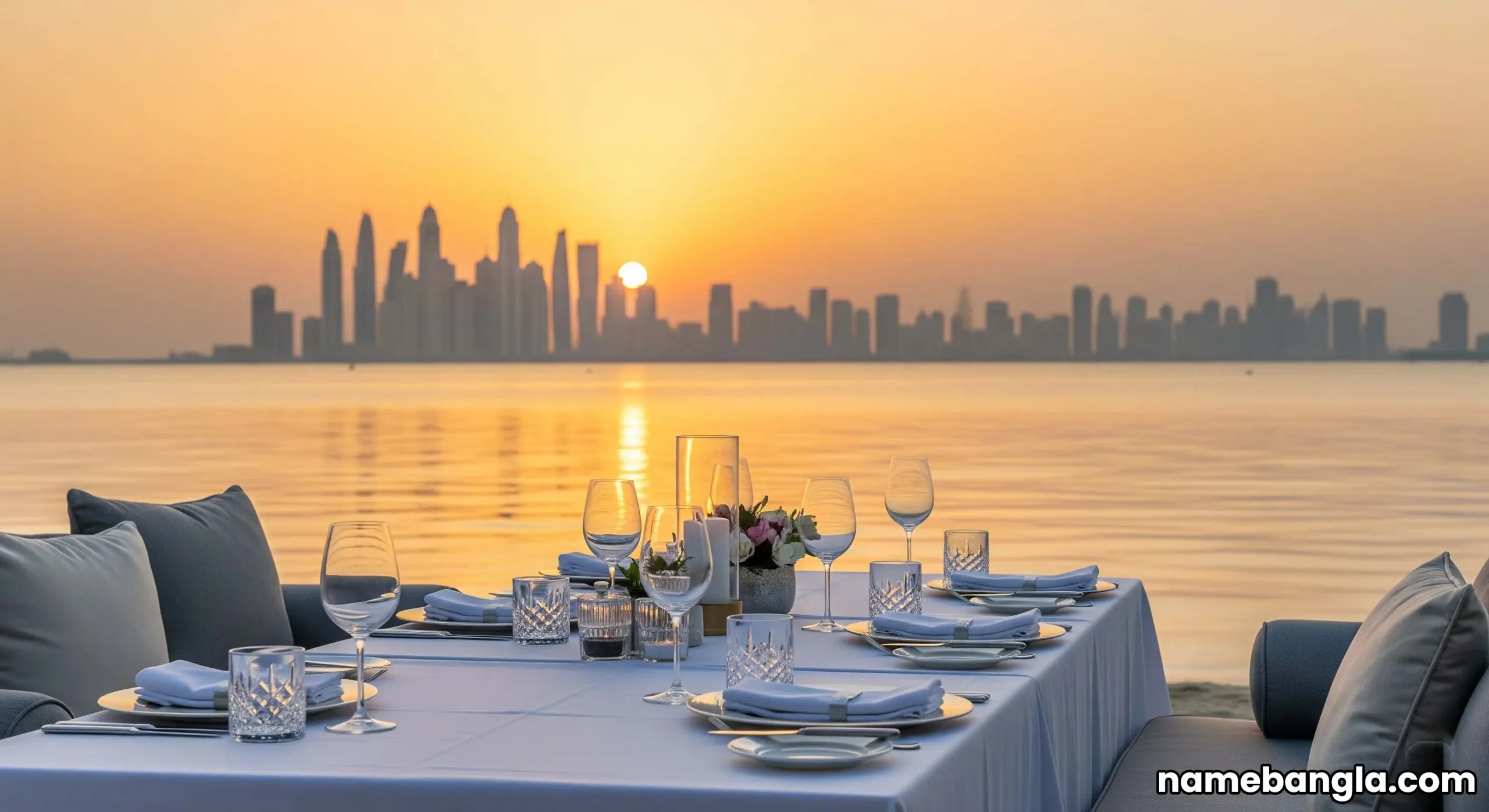 Private dining setup on a pristine beach at a Dubai waterfront luxury resort at sunset, highlighting exclusive experiences.