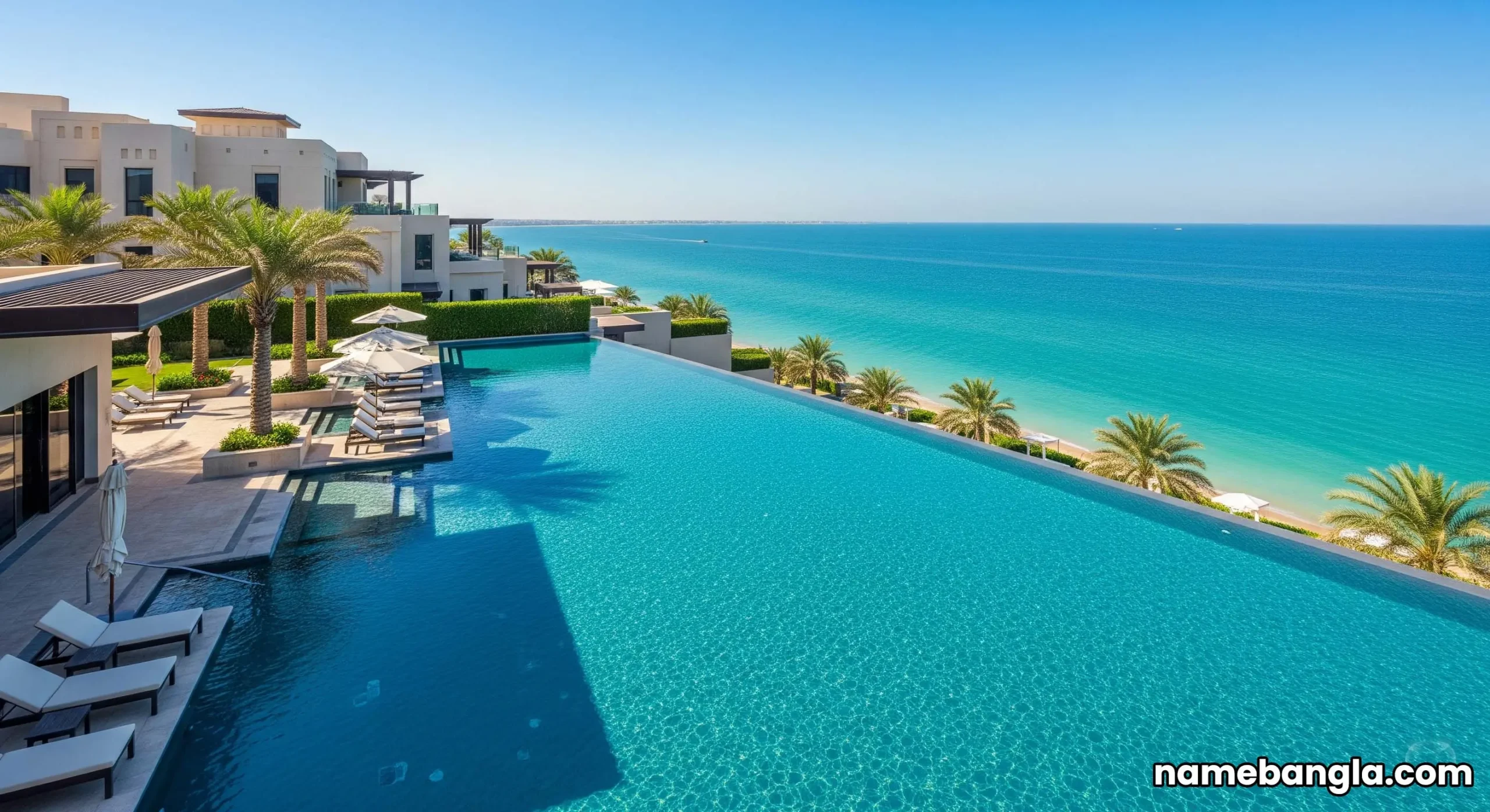 Private infinity pool at a luxury resort in Abu Dhabi overlooking the ocean, emphasizing high-end features.