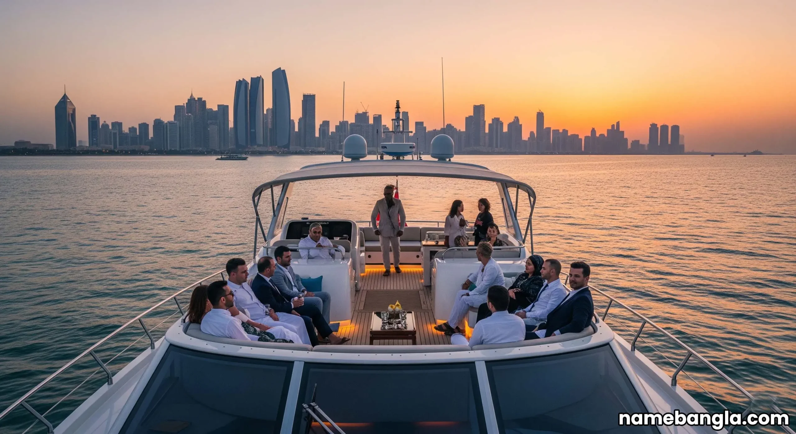 Private luxury yacht cruising near Abu Dhabi's skyline at sunset, offering an exclusive travel experience.