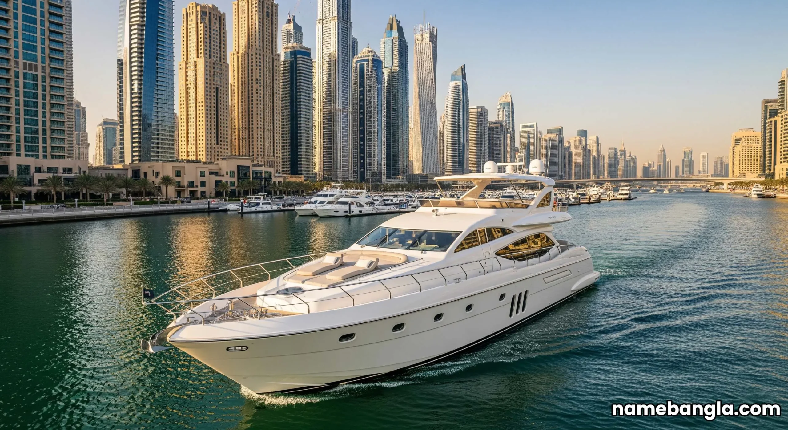 Private yacht cruising Dubai Marina, perfect for high-end travel alongside ultra-luxury hotel bookings.