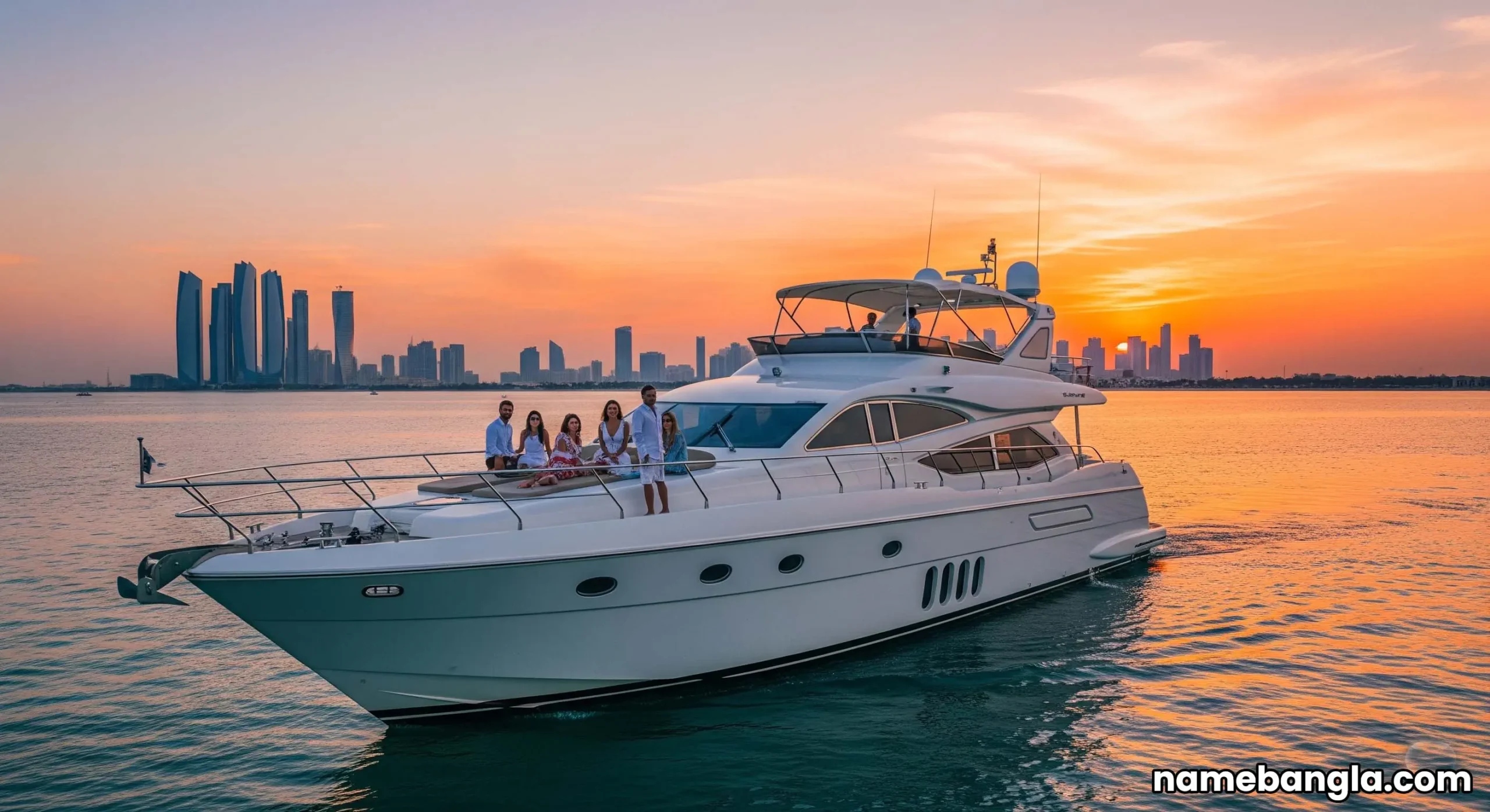 Private yacht cruising near Abu Dhabi coastline with a sunset backdrop, indicating exclusive travel.