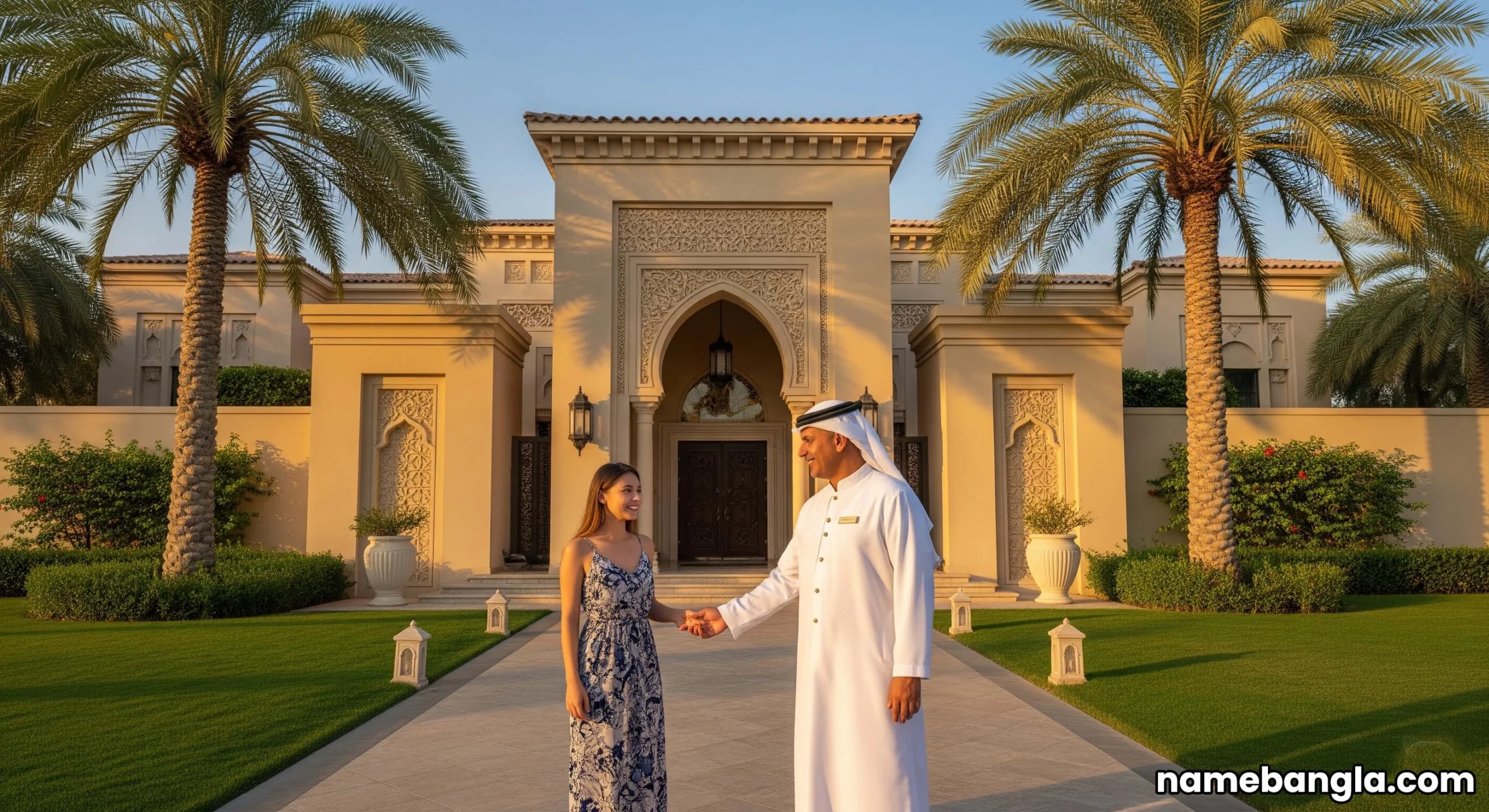 Professional concierge assisting a guest at the entrance of a high-end luxury private villa in Dubai.