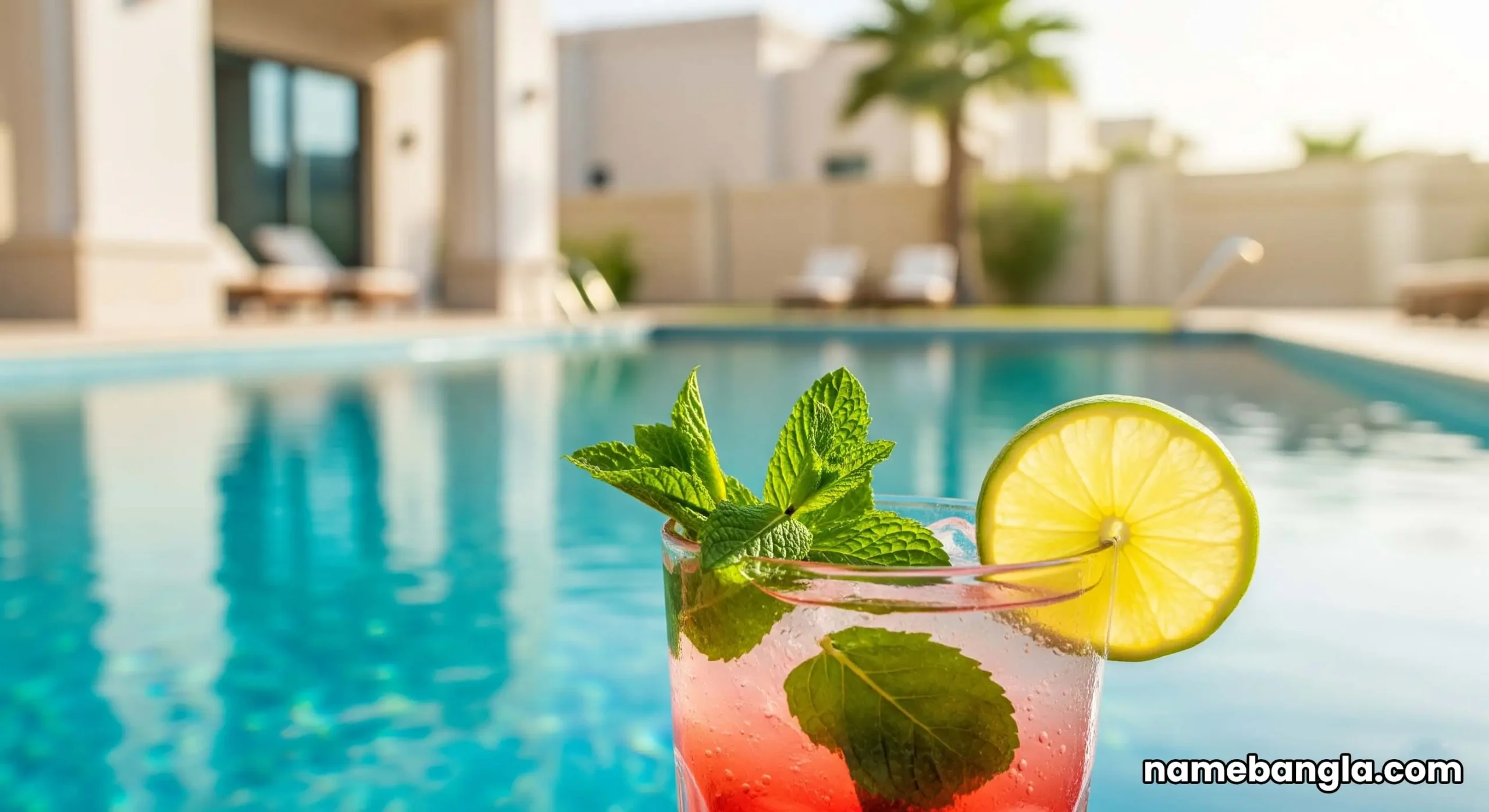 Refreshing cocktail by a private pool in a Dubai luxury villa, symbolizing exclusive leisure and indulgence.