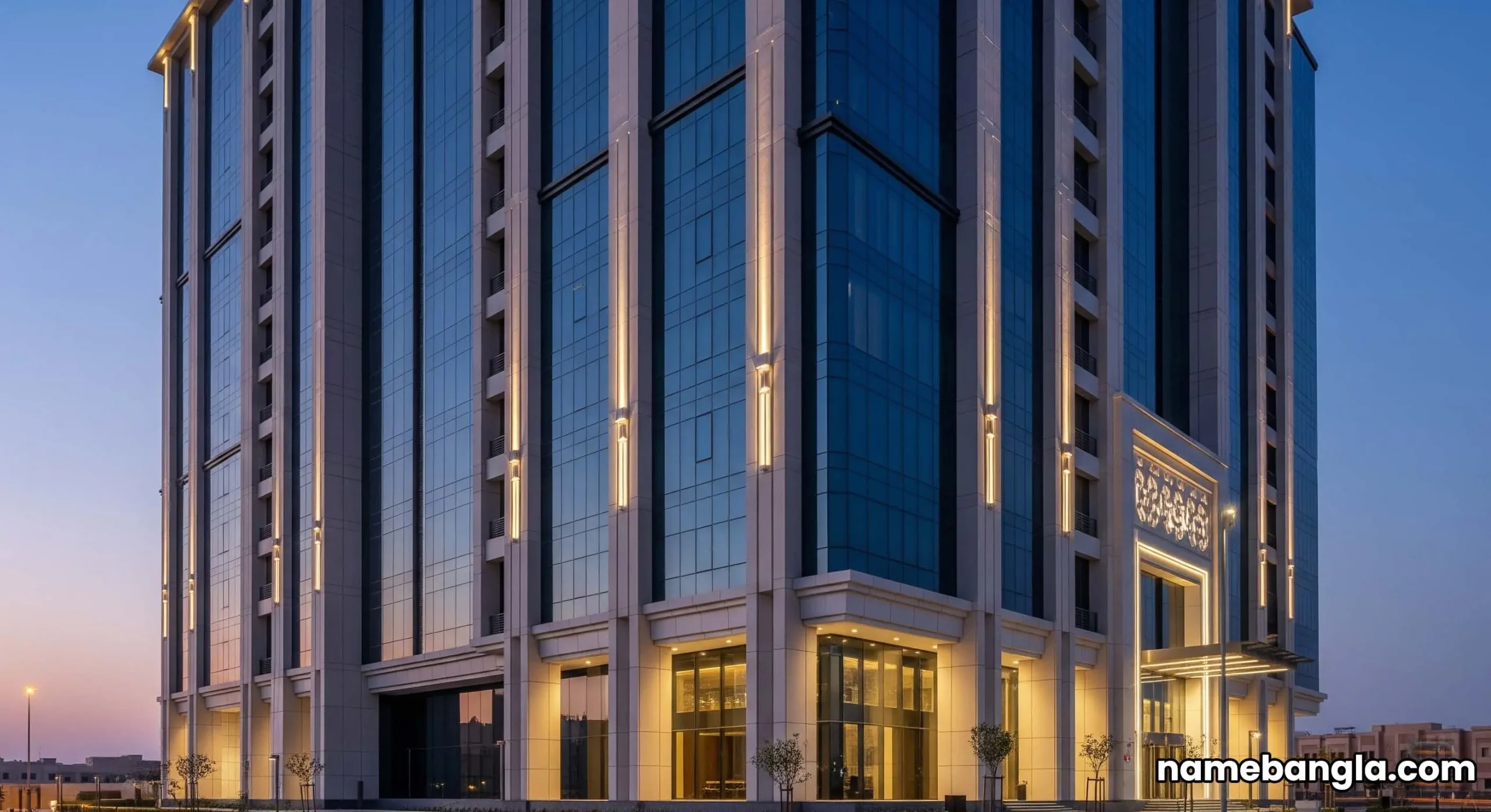 Riyadh's Unrivaled Serviced Apartments Building Exterior at Night.
