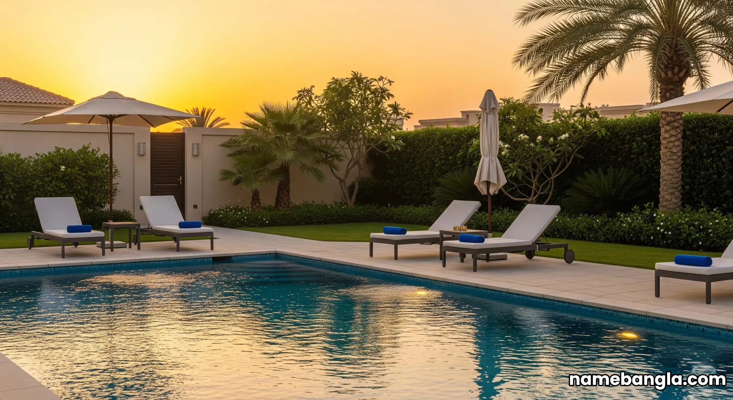Serene private pool area of a Dubai villa at sunset, with mood lighting and comfortable lounge seating, for high-end relaxation.