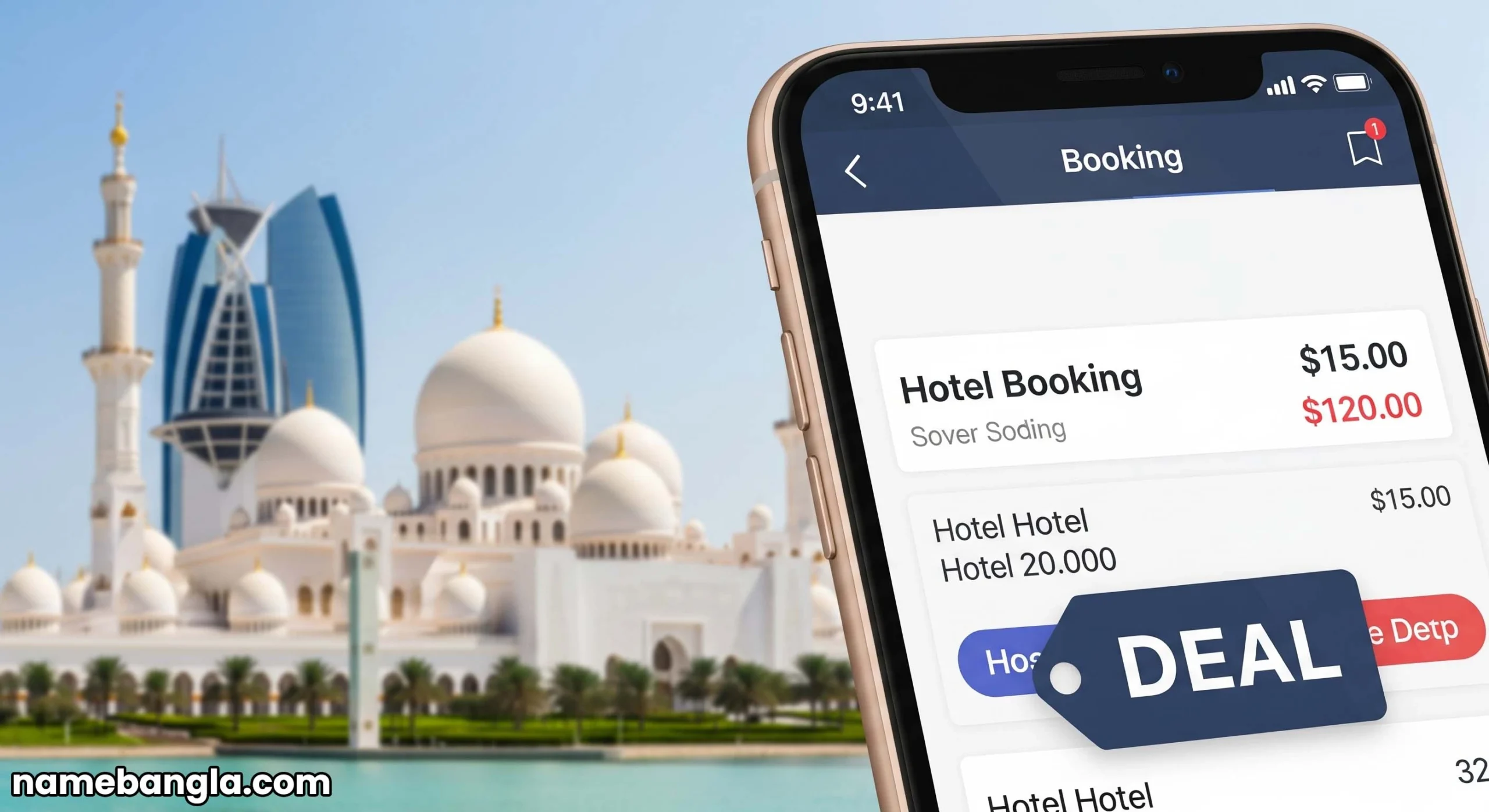 Smartphone showing a hotel booking app with 5-star Abu Dhabi resort deals.