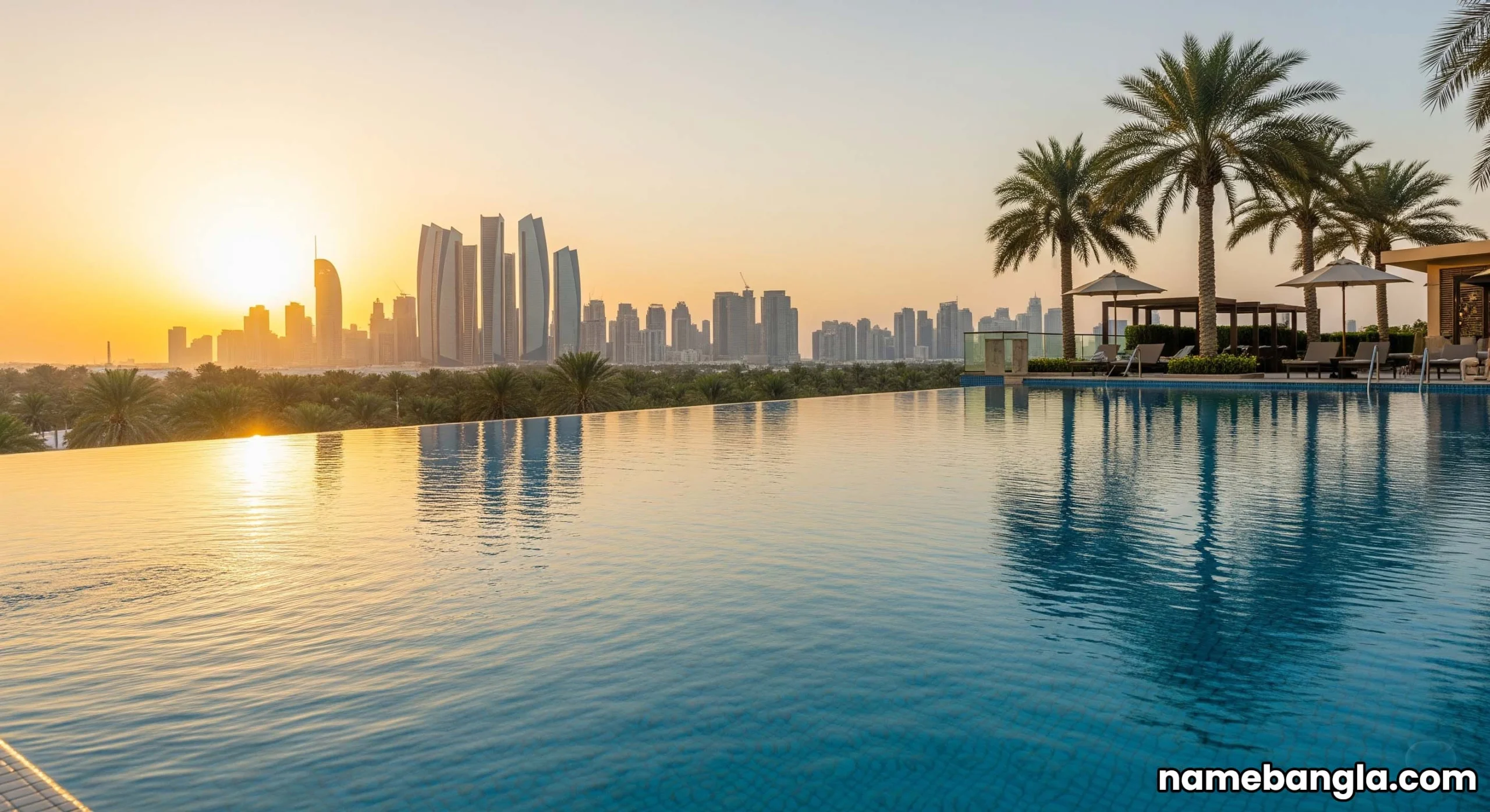 Stunning infinity pool at a luxury Abu Dhabi resort with city skyline.