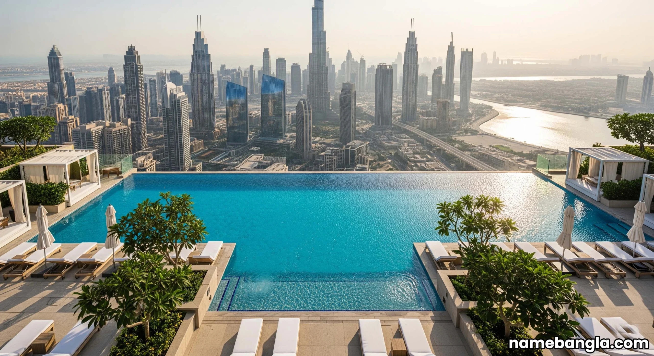 Stunning infinity pool with Dubai skyline at a luxury Dubai hotel.