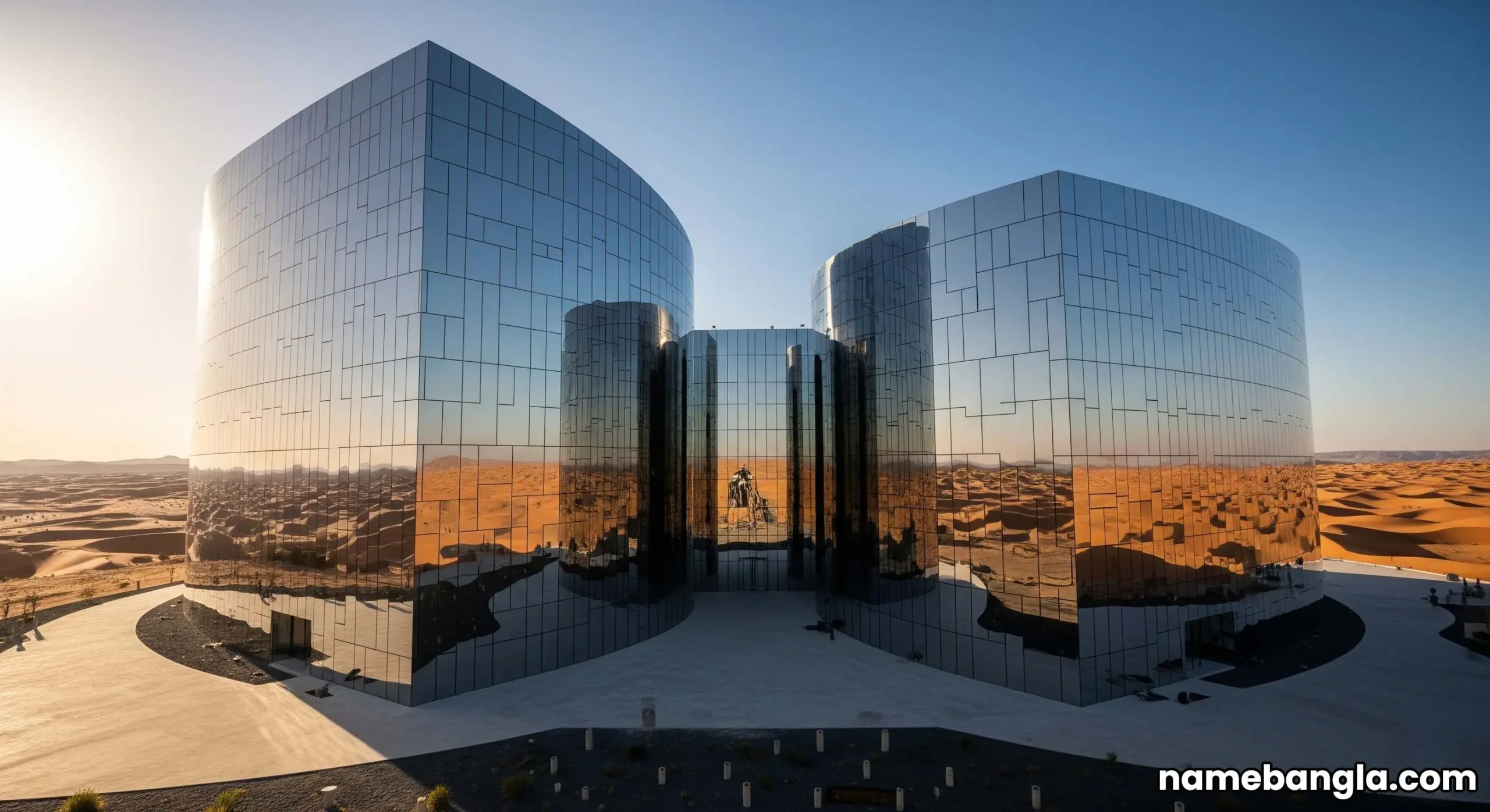 Stunning mirrored exterior of Maraya Concert Hall in AlUla, reflecting the surrounding desert landscape, signaling high-value attractions.