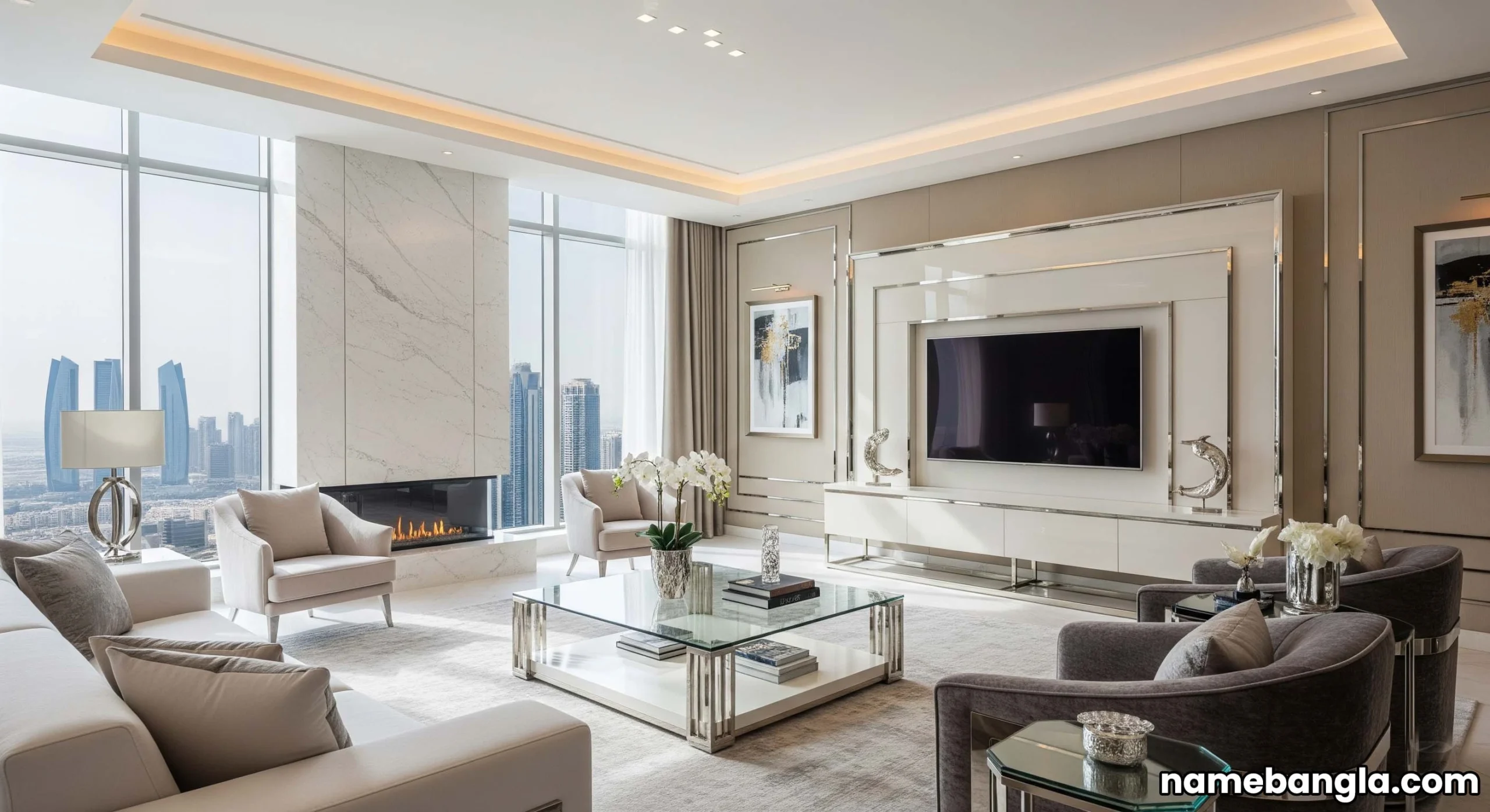 Ultra-luxury penthouse living room in Abu Dhabi with panoramic city views and modern, high-end furniture.