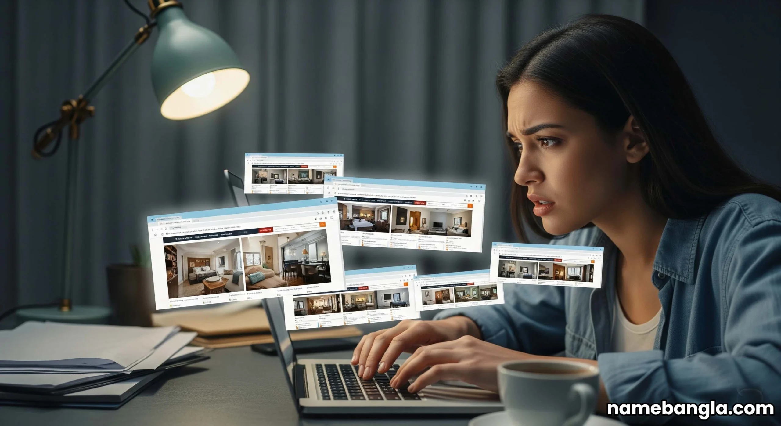 Woman looking stressed at a laptop with multiple hotel tabs open for Dubai luxury hotel booking.
