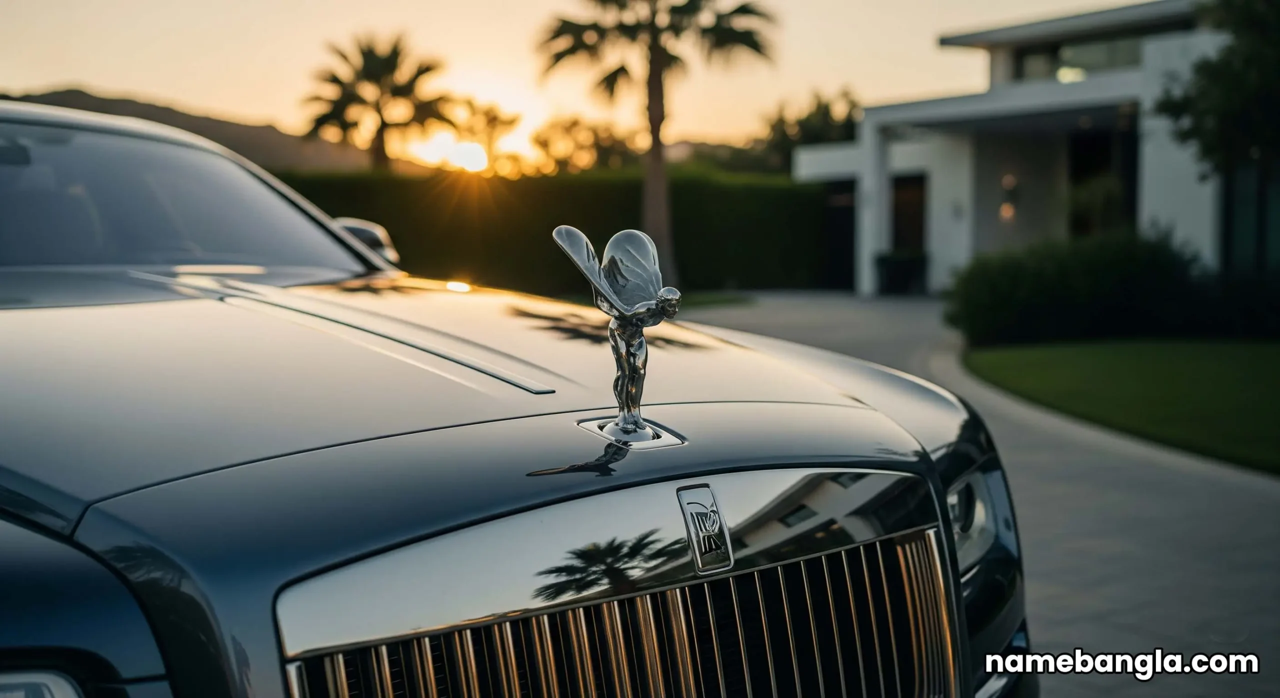 A black Rolls-Royce parked in the private driveway of a sun-drenched Palm Jumeirah villa.