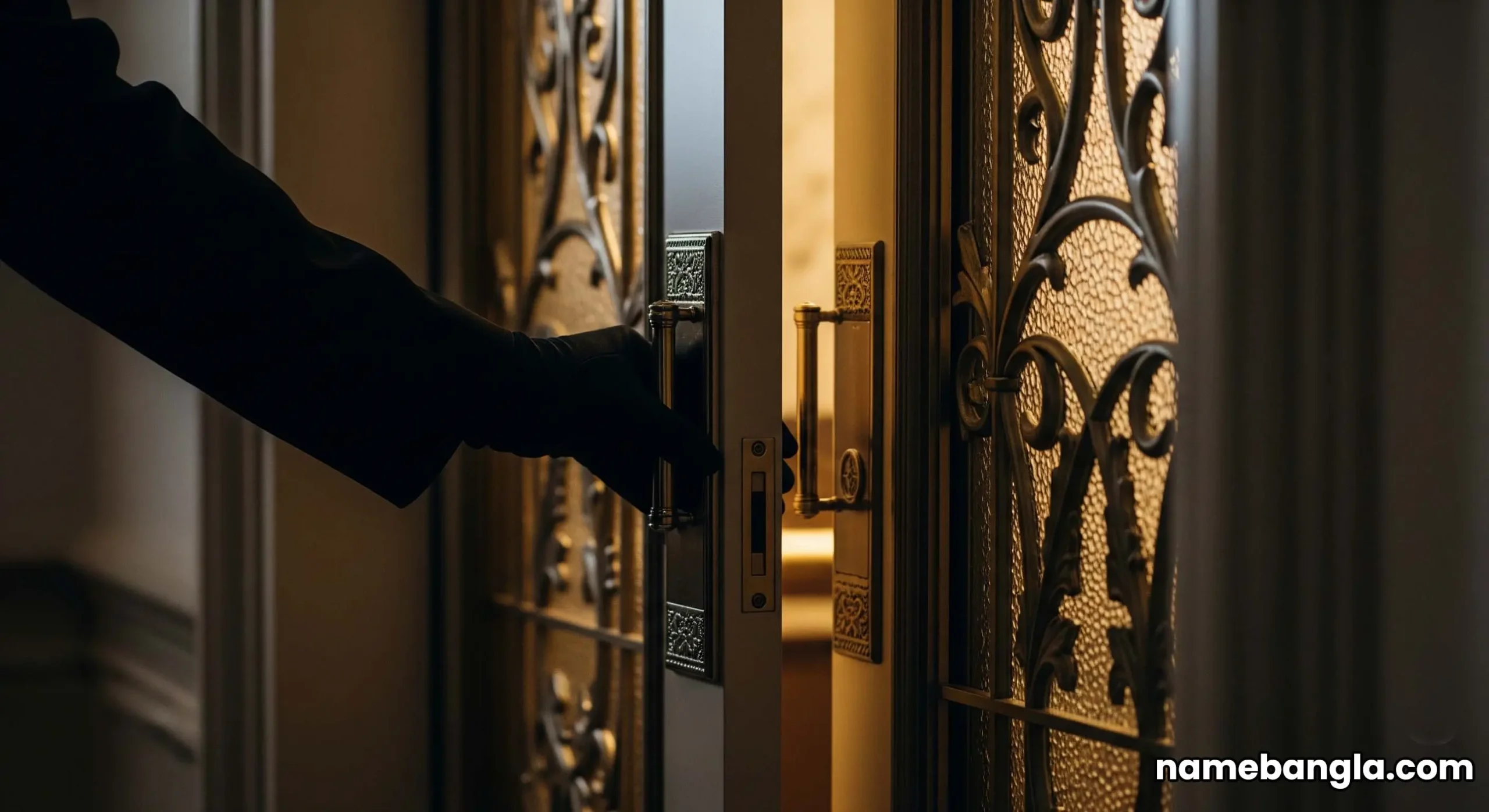 A close-up of a hand in a white glove opening a private elevator door, revealing a warm, luxurious interior.