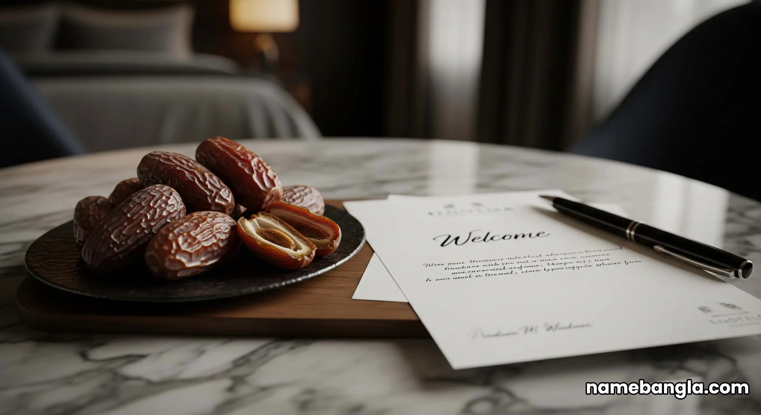 A close-up of a luxurious welcome amenity on a marble table inside a signature Dubai Marina hotel suite.