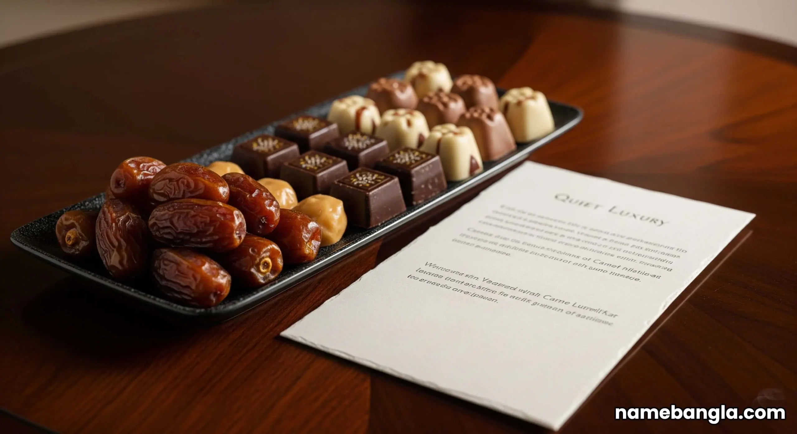 A close-up of a luxury welcome gift of dates and chocolates with a handwritten note on a table in a Ras Al Khaimah resort suite.