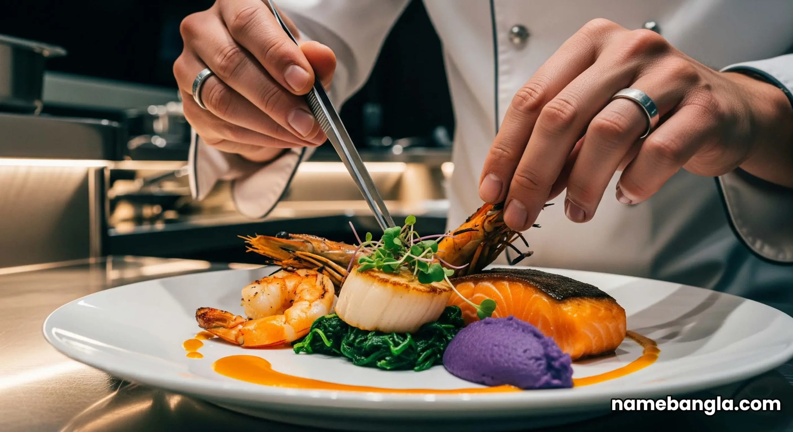 A close-up shot of a private chef in a pristine uniform, artfully plating a colorful seafood dish in the yacht's gleaming, state-of-the-art galley.