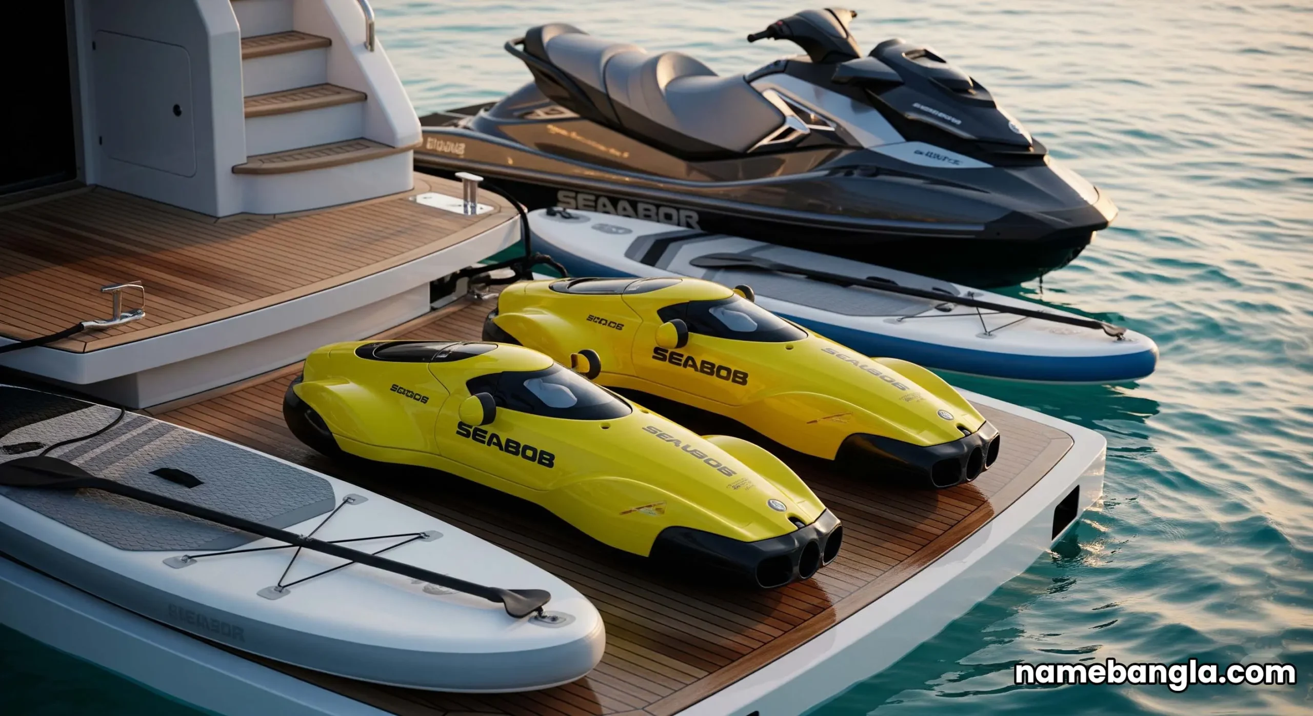 A collection of luxury water toys including Seabobs and a jet ski on the swim platform of a yacht in Dubai.