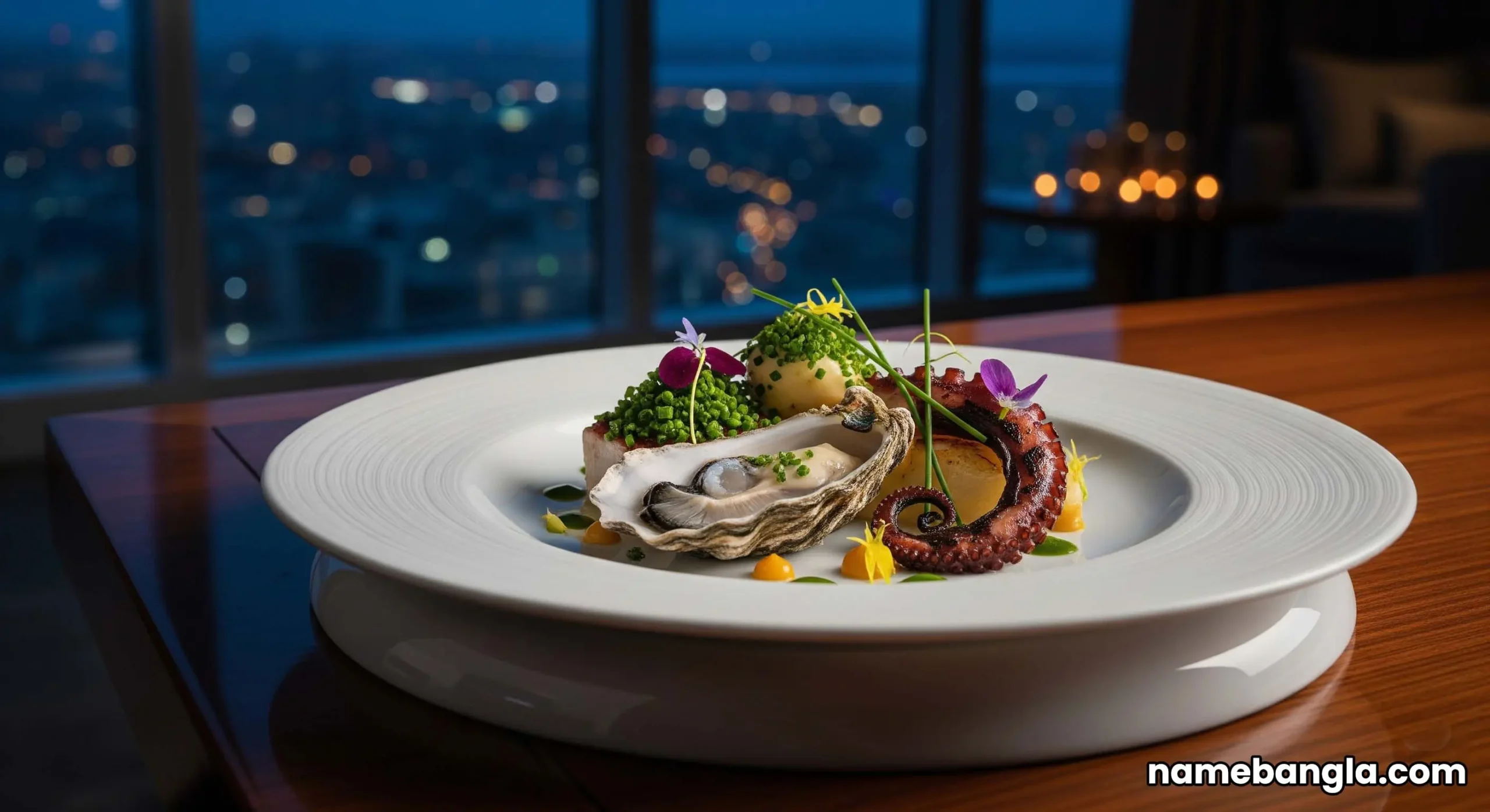 A gourmet meal from a Michelin-starred restaurant served on a private dining table overlooking Downtown Dubai.