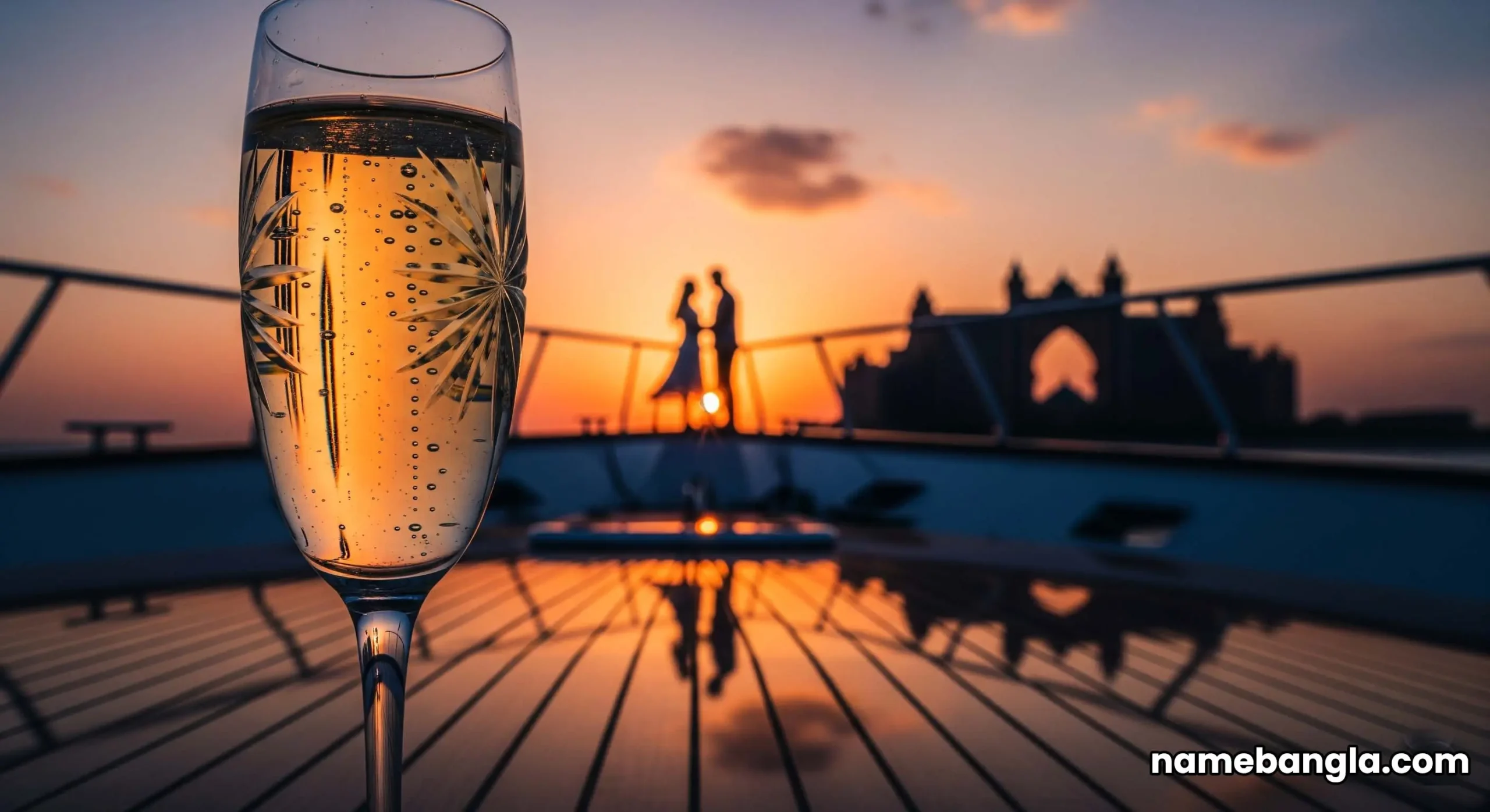 A luxury private yacht cruising past the Dubai skyline at sunset, an exclusive experience on an opulent UAE honeymoon.