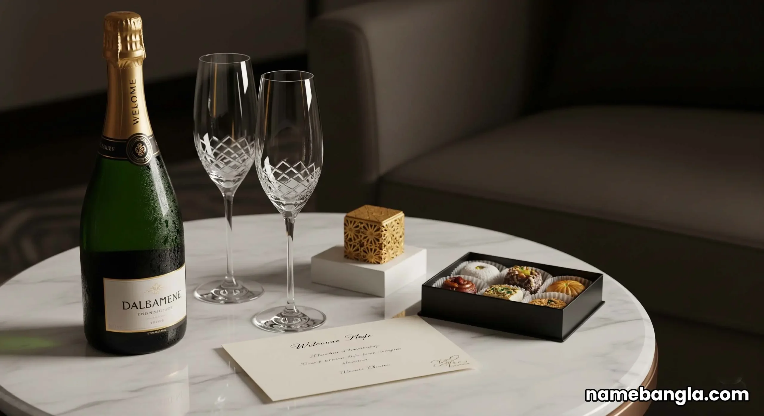 A luxury welcome gift of champagne and sweets on a marble table in a private villa.