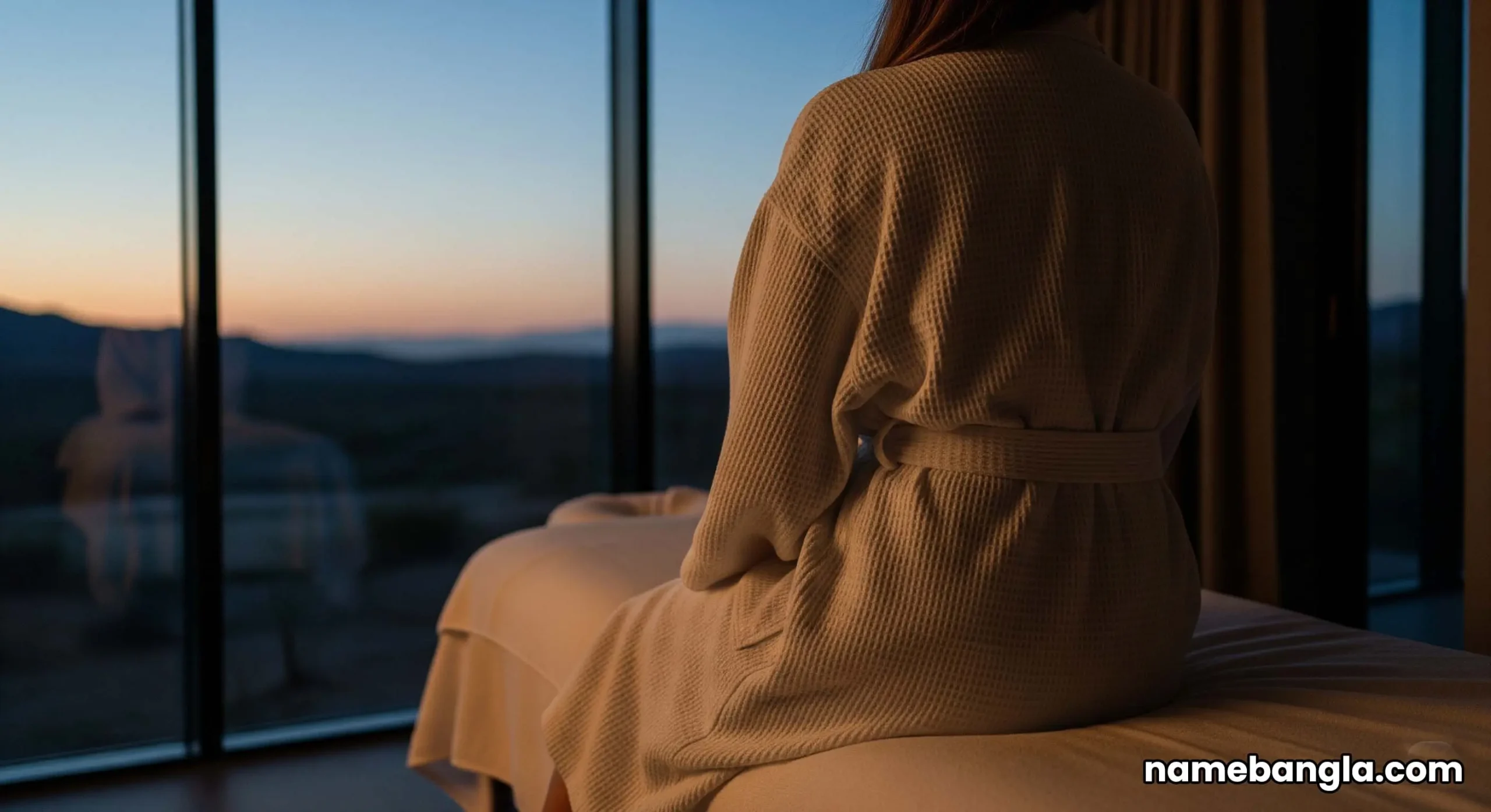 A person relaxing in a serene spa treatment room with a large window offering a panoramic view of the calm Ras Al Khaimah desert.