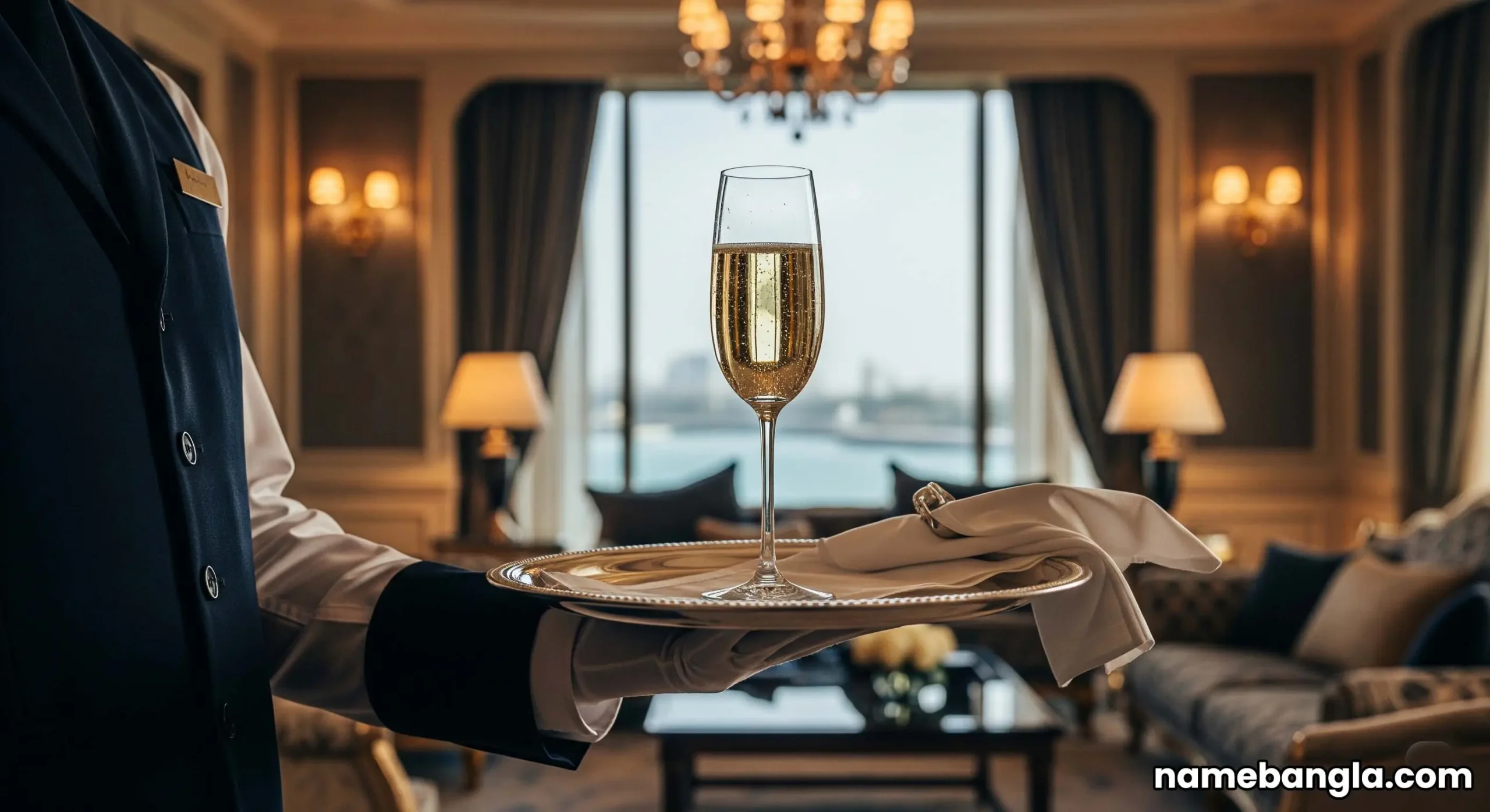 A personal butler serves champagne in a lavish, neoclassical suite at Habtoor Palace Dubai, showcasing elite, personalized service.